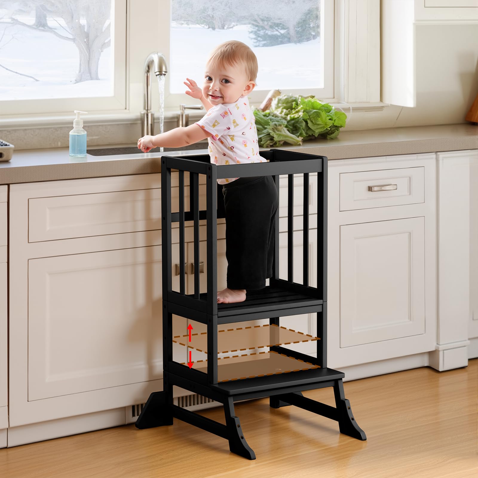 COSYLAND Height-Adjustable Toddler Standing Tower – Stable Kitchen Standing Stool with Reinforced Base – Lightweight Portable Standing Helper for Kitchen and Home Use (Black)