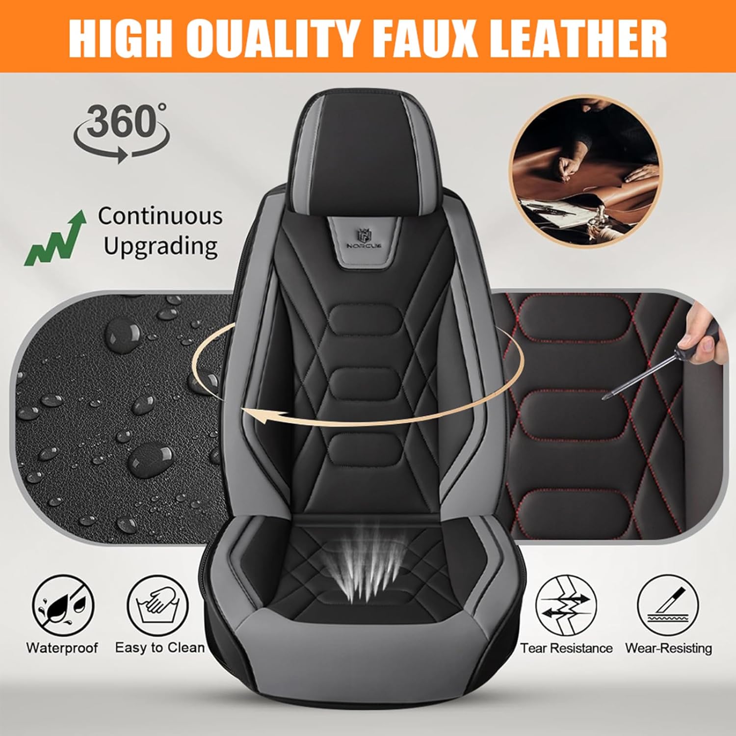 Car Seat Covers for Truck 2007-2026 GMC Sierra Chevy Silverado 1500 2500/HD 3500/HD Nappa Leather Seat Covers Waterproof and Dustproof Car Seat Protectors(Standard,Black&Gray)