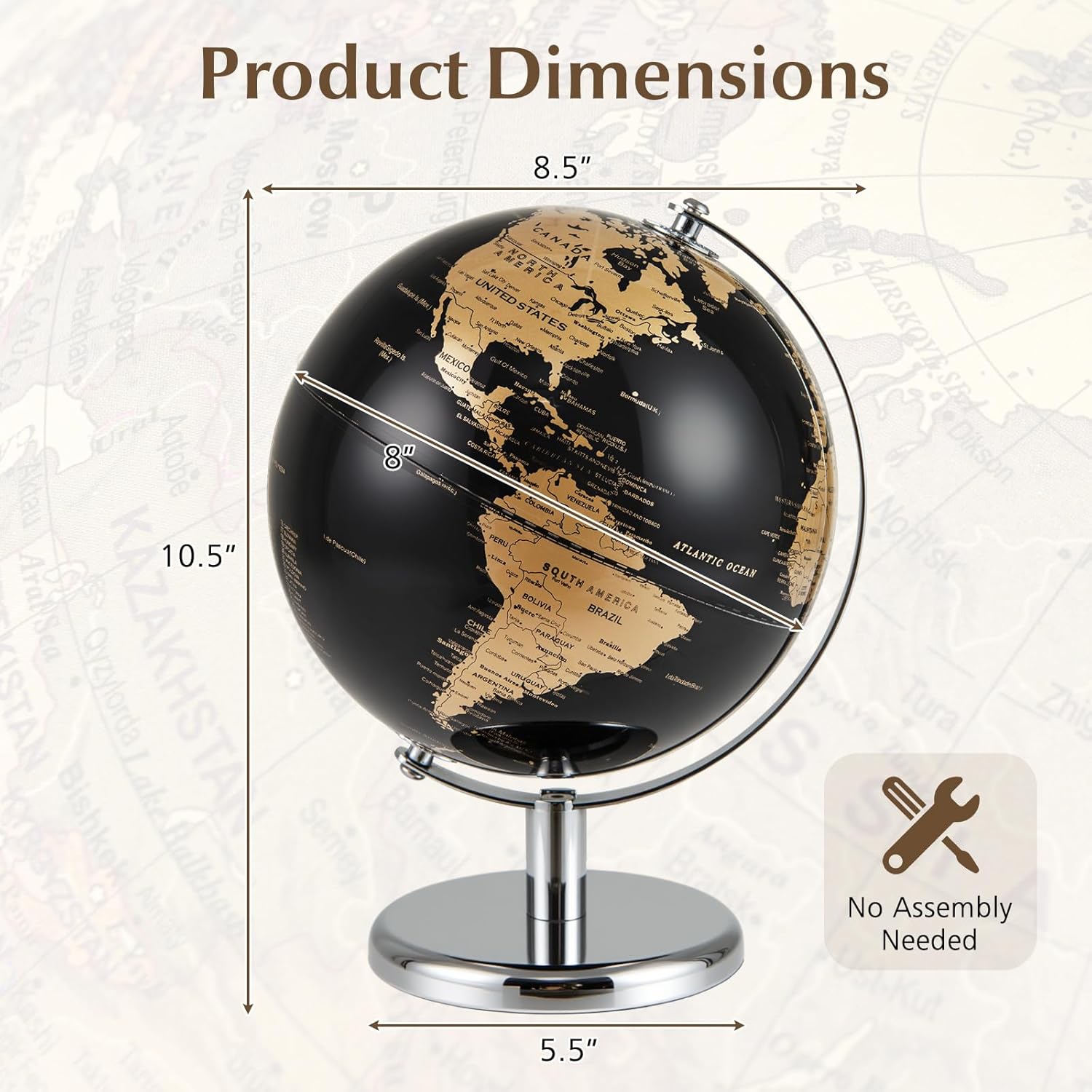 8" World Globe, Black Earth Globe with Gold Accents, Metal Stand, Non-slip Base & Time Zone, Decorative Tabletop Desk Globes for Classroom, Office & Home