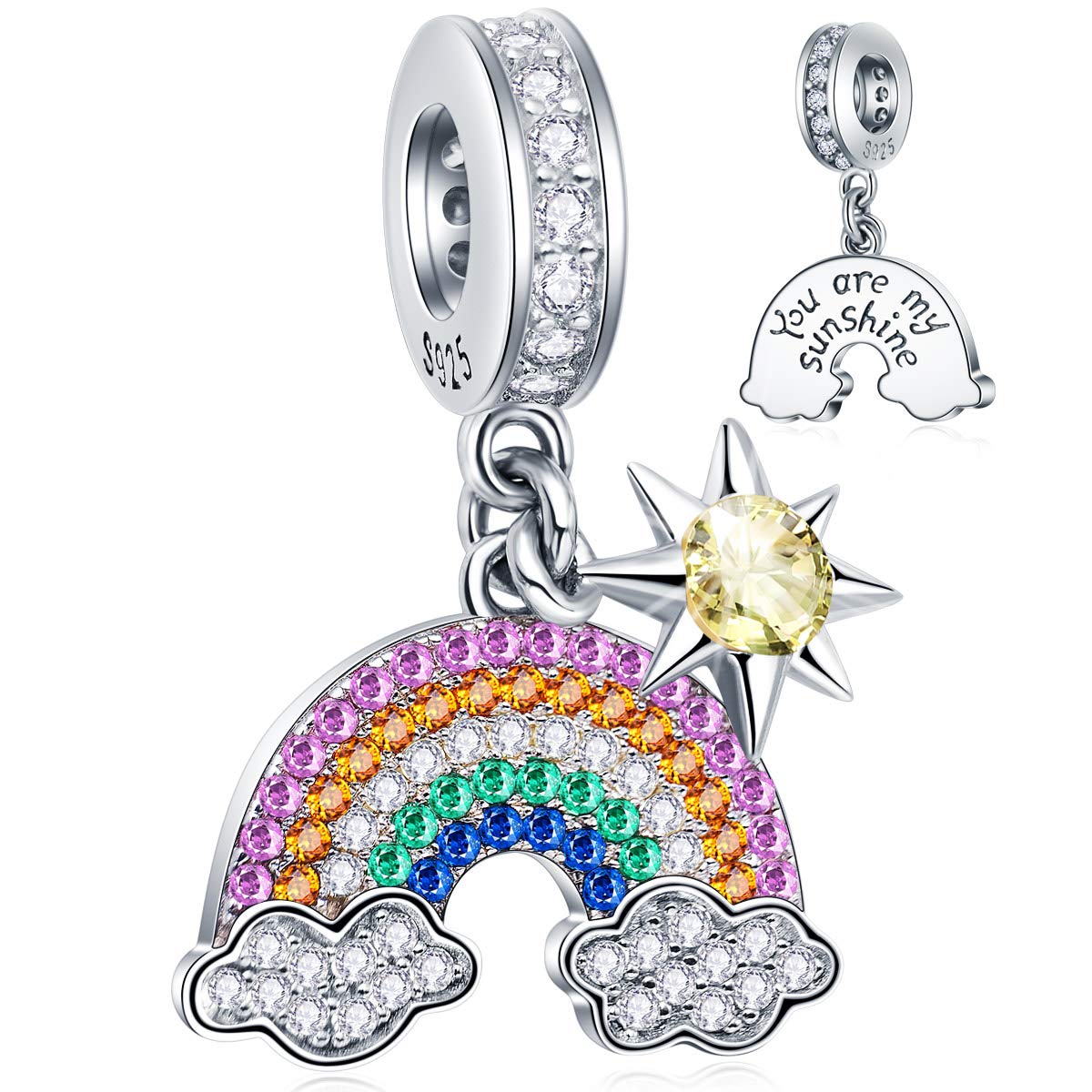 Reflexions Dazzling Rainbow Cloud and Sun with Colorful CZ Stones Charms in 925 Sterling Silver, You Are My Sunshine Engraved Pendant fits Pandora Women Bracelet, Gifts for Christmas/Mom