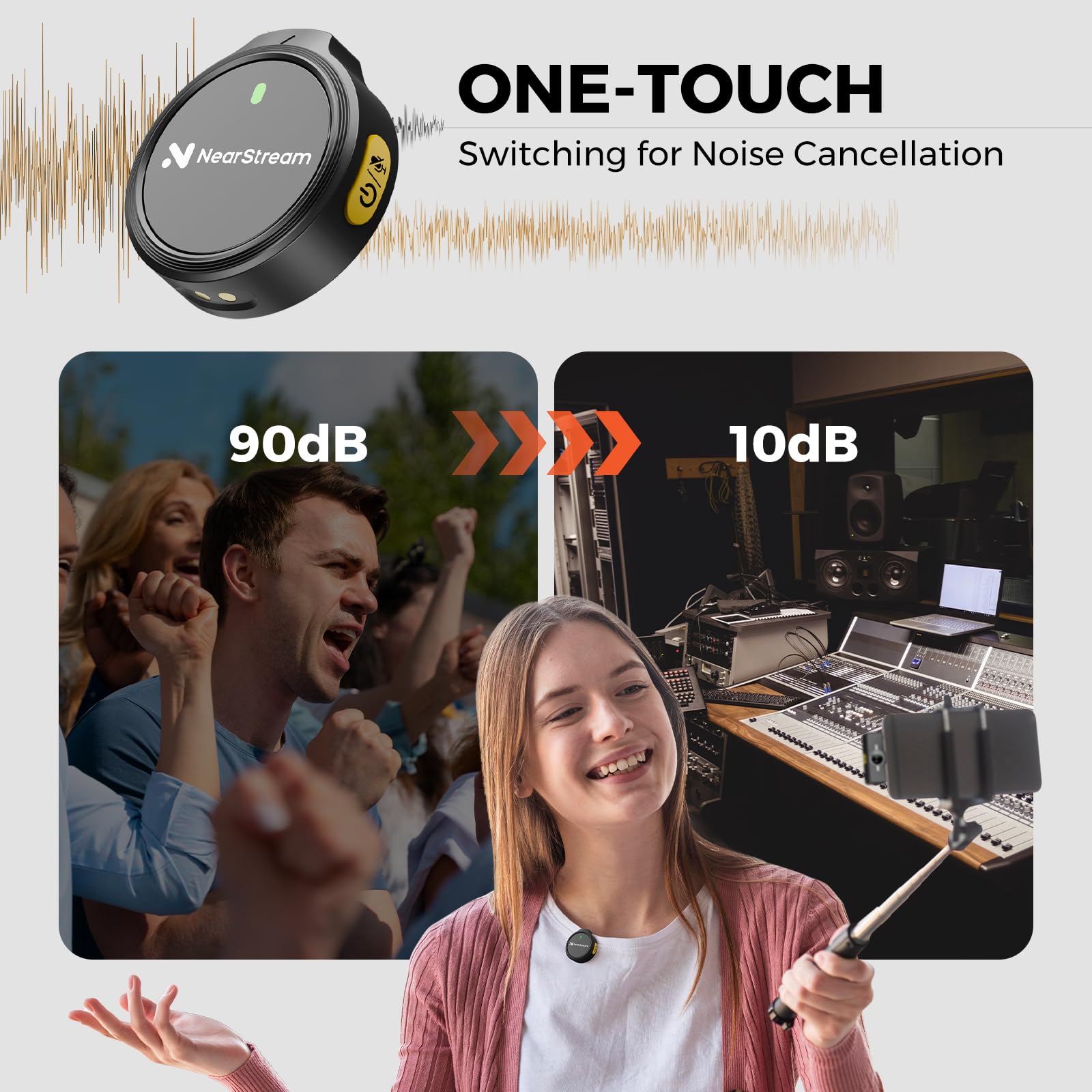 NearStream Microphone Cravate sans Fil pour iPhone, Android et PC, AWM25T | Réduction du bruit, jusqu'à 24 heures d'autonomie, connexion Lightning et USB-C Plug-and-Play
