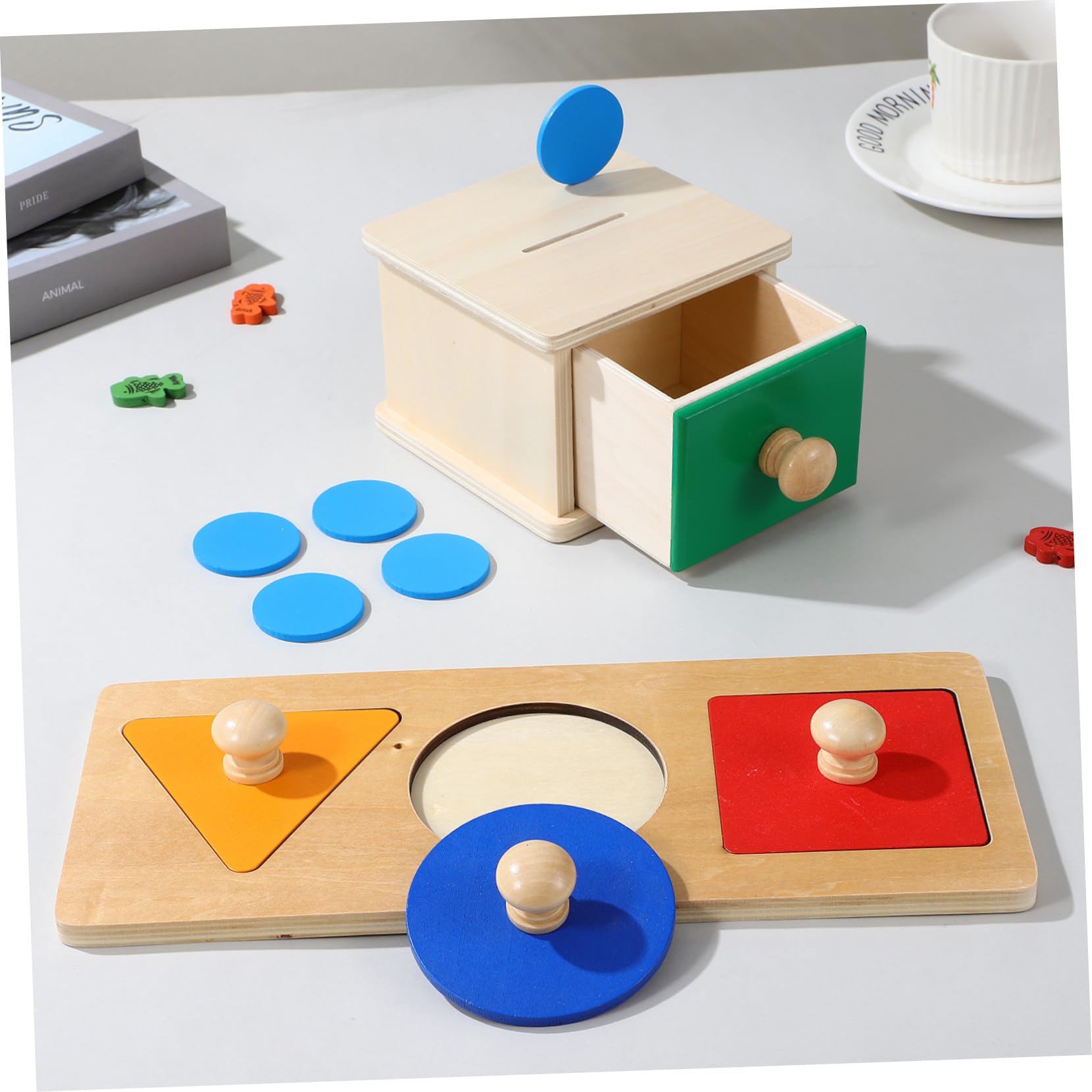 FRCOLOR 2juego Panel de Caja de Monedas Cuadrado con Tablero de Rompecabezas Geométrico de Madera para Juguetes Educativos Primera Infancia Actividades de Clasificación y Bloques