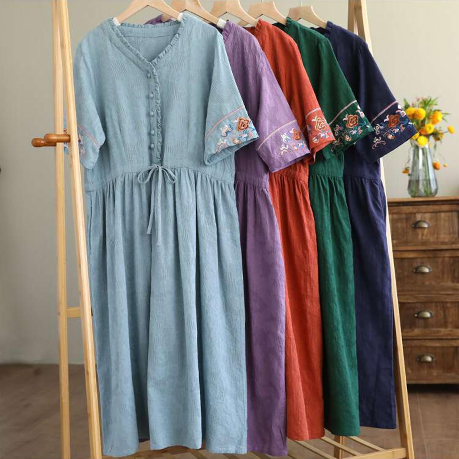 Vestido Largo Casual de Corte A con Mangas Bordadas, Vestido de Verano con Bordado Floral