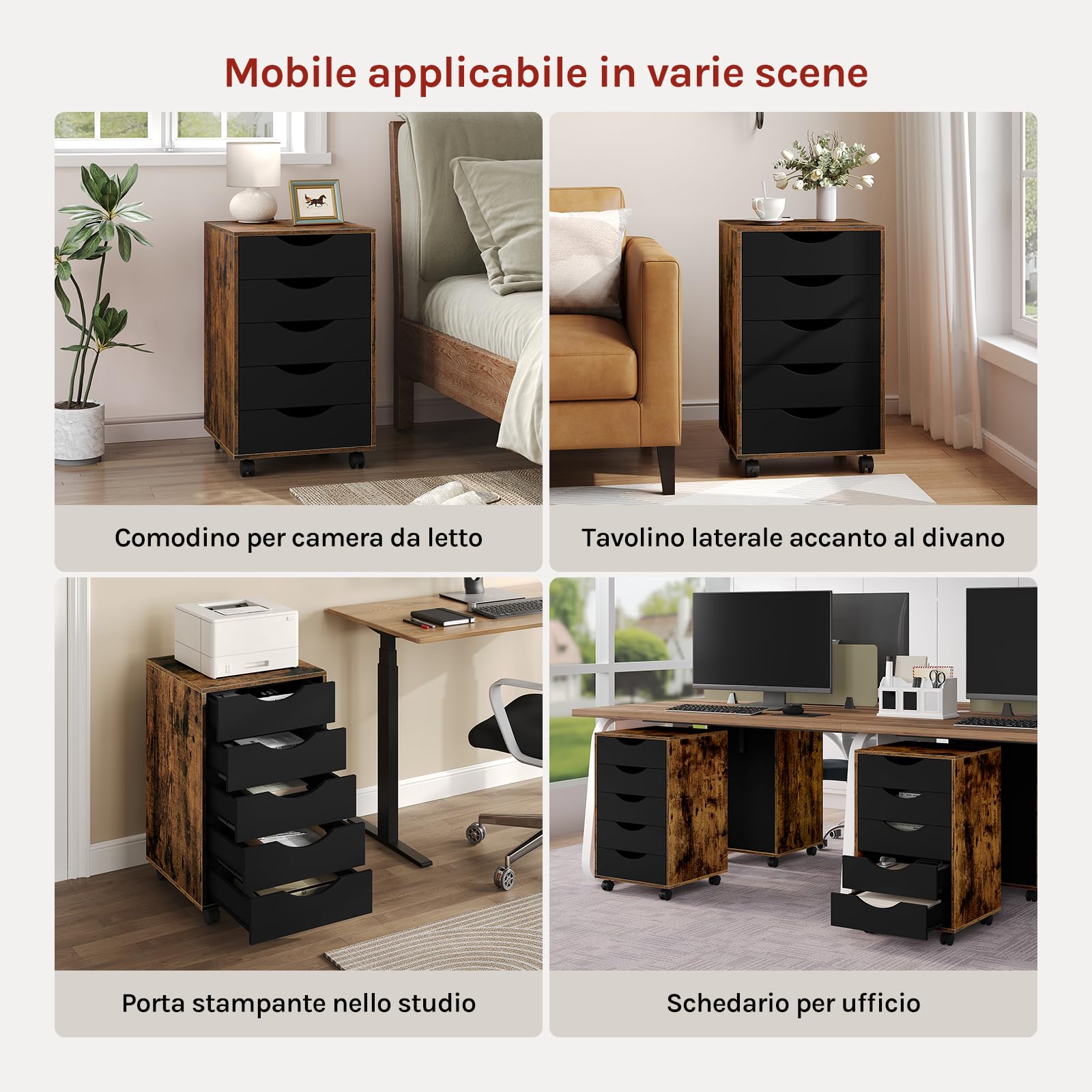 WOLTU Scrivania a Piedistallo con 5 Cassetti, Schedario Rotante, Comodino, Mobile per Ufficio, Camera da Letto, in Legno Ingegnerizzato PB, Marrone Rustico, 40x40x66,5cm