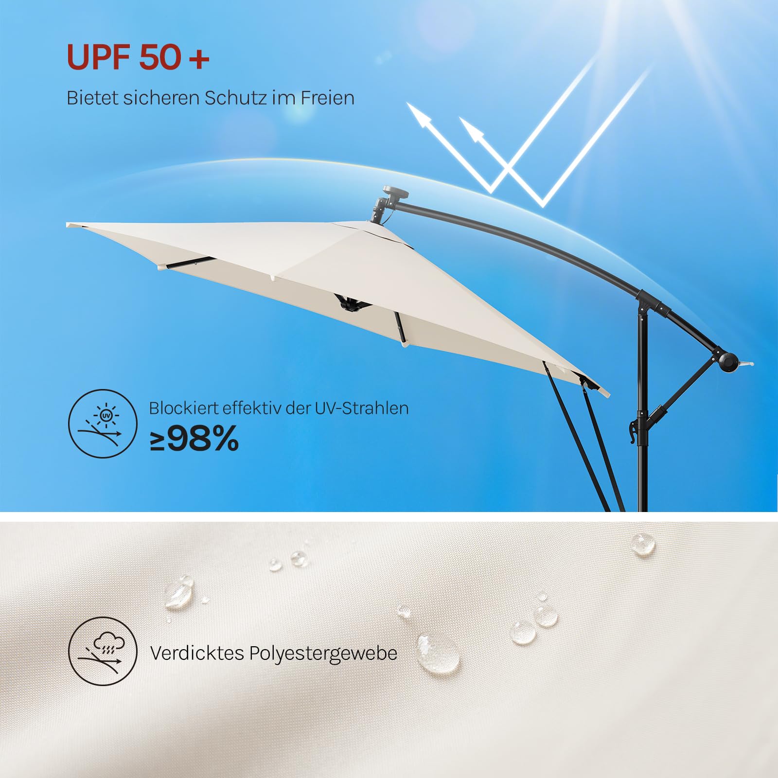 WOLTU Sonnenschirm 300 cm, mit Solar-LED-Beleuchtung, Ampelschirm rechteckig 360° drehbar, Sonnenschutz UPF 50+, mit Windschutzseilen Schutzhülle, für Balkon Garten Terrasse, Beige