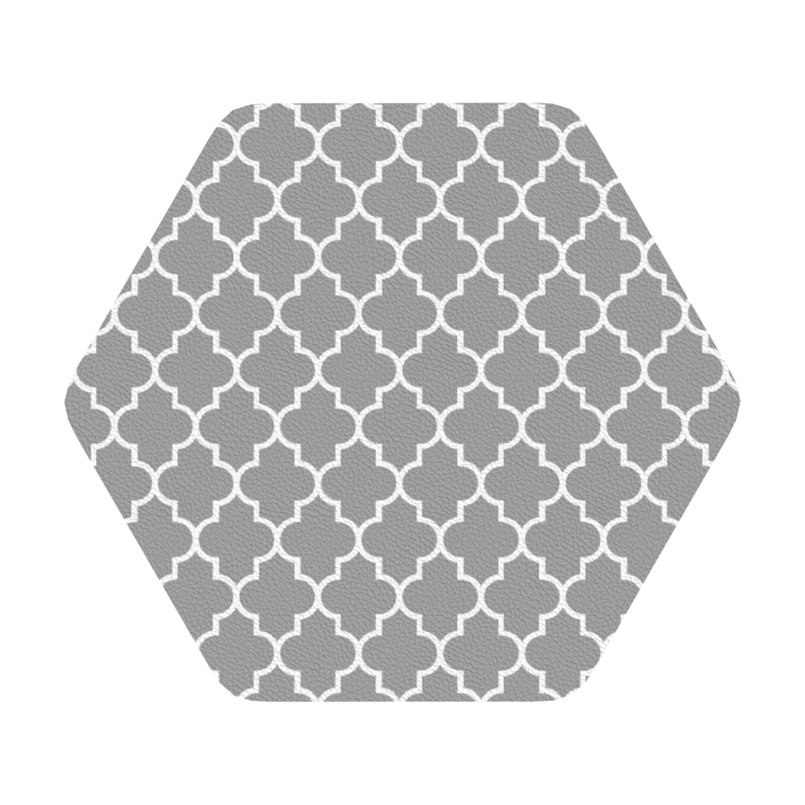 Quatrefoil Grey PU Leather Coasters Set of 6 Hexagon Drink Coasters