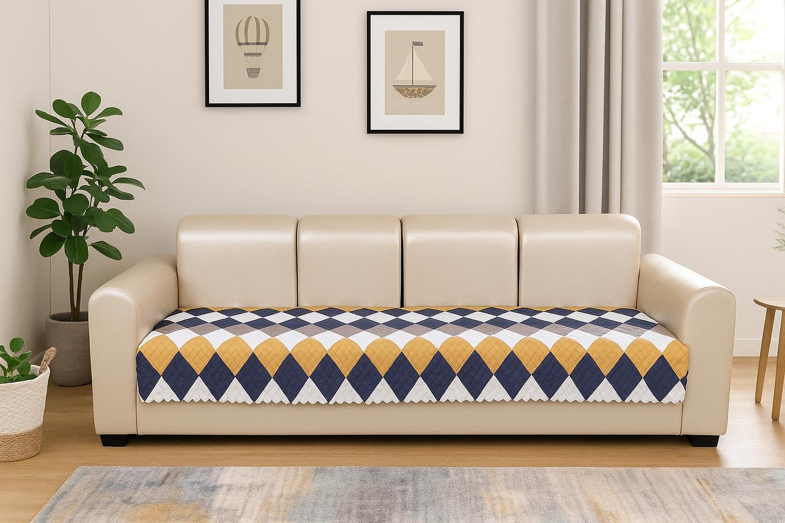 KINGLY Velvet Quilted 3+2 Sofa Set Protector – Premium Non-Slip Fit, Machine Washable Couch Mat with Universal Coverage for Living Room Use (Royal Blue Yellow) (2pc Set, Size-46x27 & 69x27)