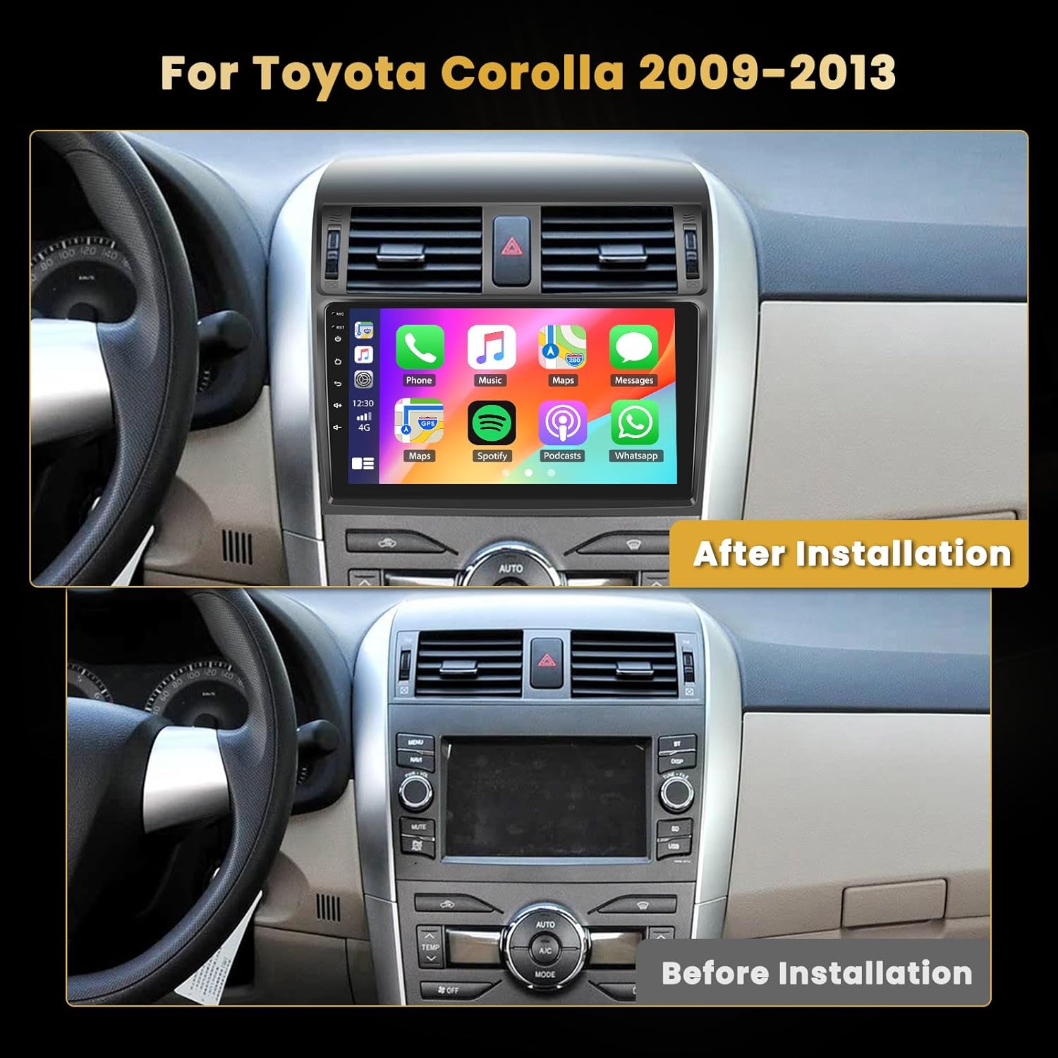 Hikity for Toyota Corolla 2009-2013 Android 13 Car Stereo Wireless Carplay, 8 Core 4+64GB 9 Inch IPS Touchscreen Android Auto Car Radio Receiver with 59 Themes Customize APPs Support GPS Navigation