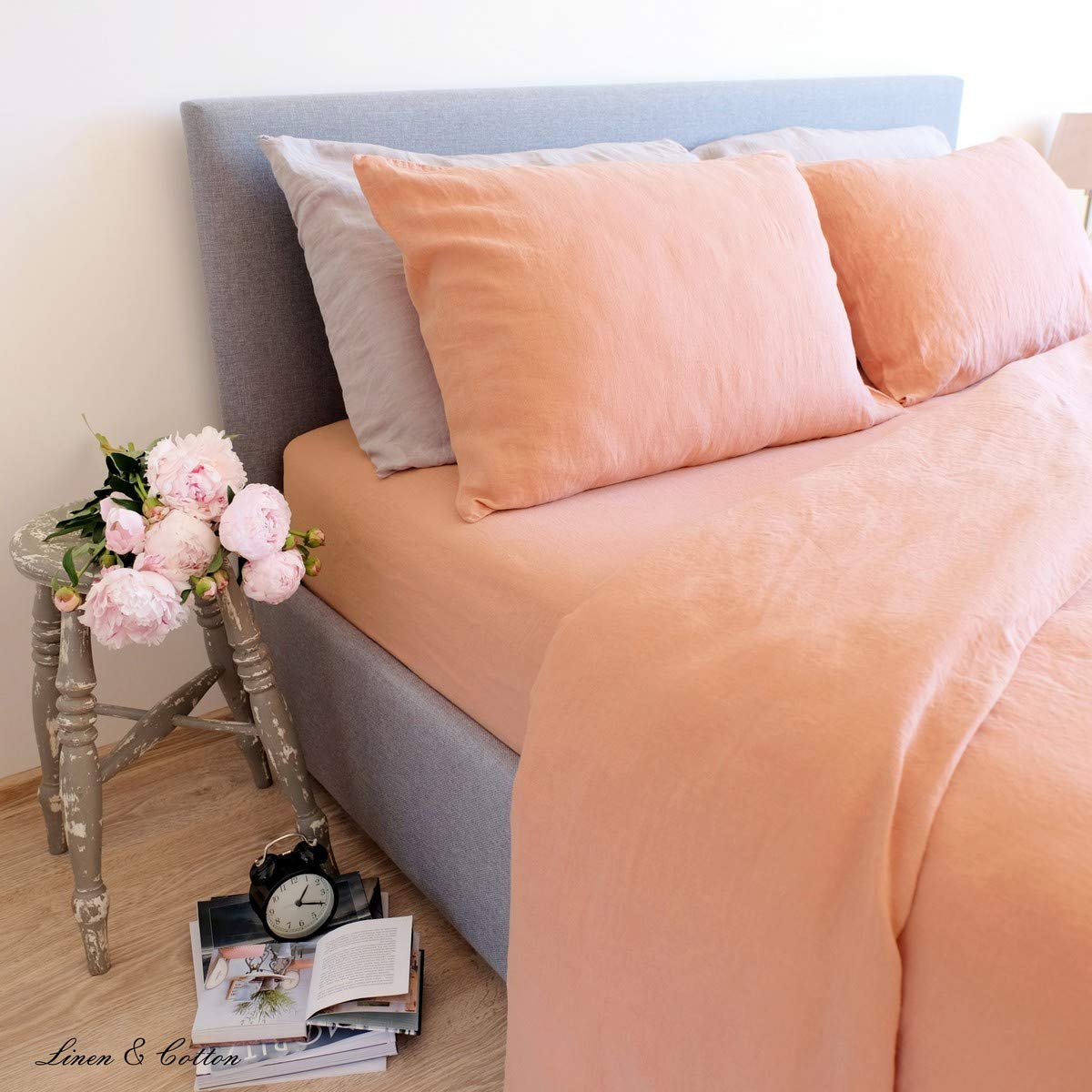 LINEN & COTTON Set Copripiumino/Biancheria da Letto in Lino Lavato (Stonewashed), (200 x 200cm) Matrimoniale, Corallo