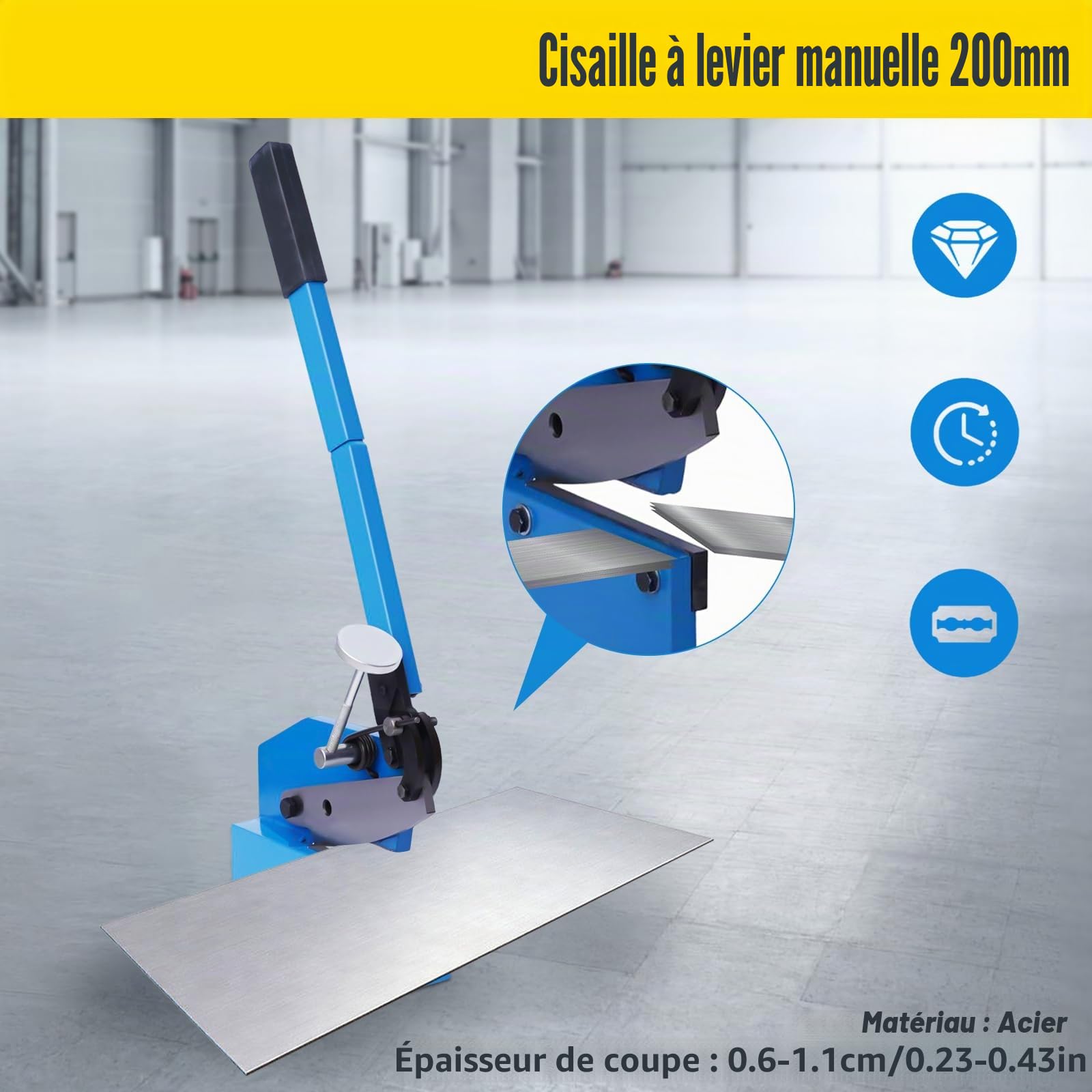 Cisaille à tôle manuelle avec lame de 12,5 cm – Ciseaux à levier manuel pour plaques d'acier, acier rond et plat jusqu'à 11 mm, coupe-métaux avec long levier et pince réglable