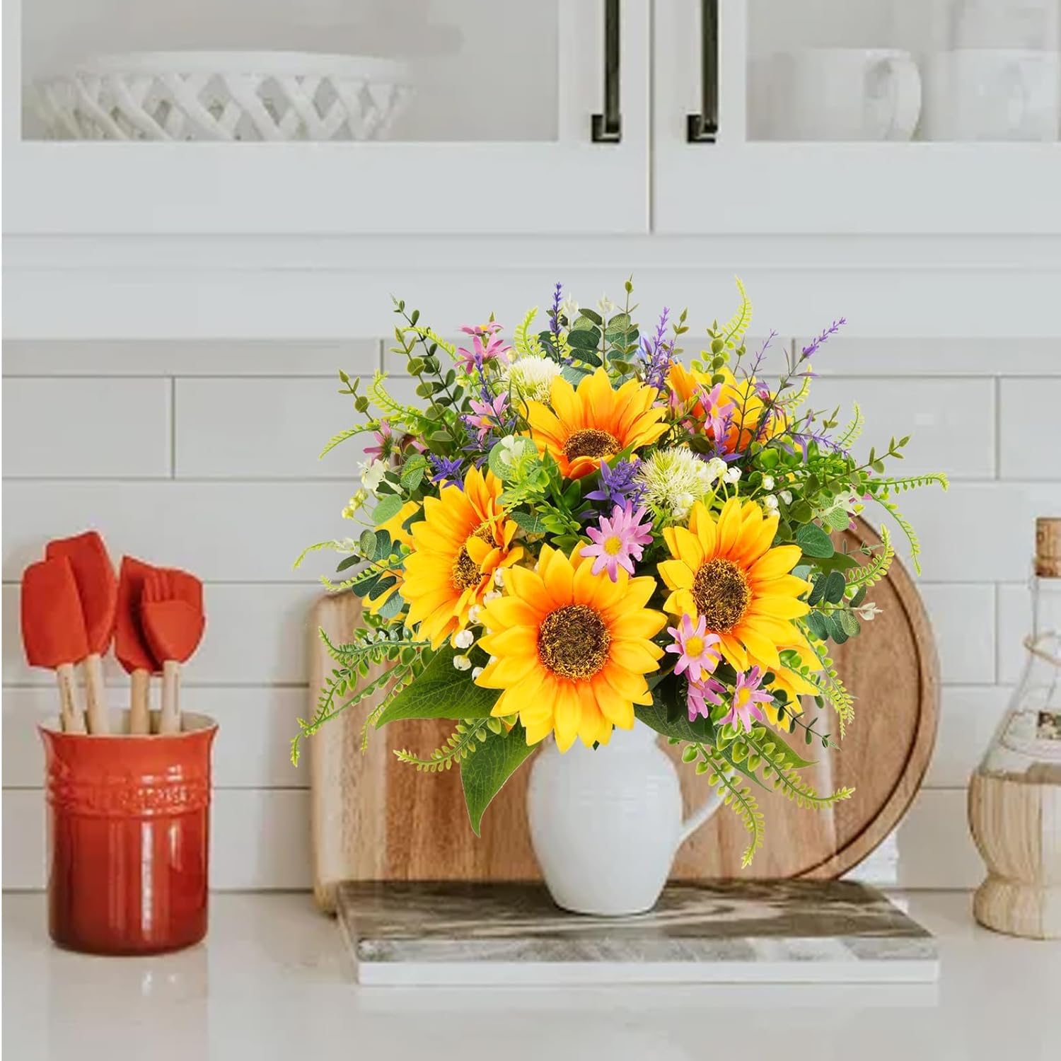 HUAESIN Sunflowers Artificial Flowers Bouquets Spring Flowers Artificia Fake Wildflowers Silk Cemetery Flowers Arrangements for Home Kitchen Office Table Centerpieces Wedding Party Grave Decor - Image 2