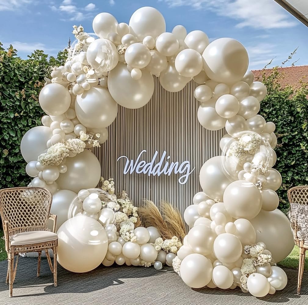 Pearl White Balloon Garland Double Stuffed Pearl White Sand Cream Balloon Arch Kit Different Sizes With Clear Bobo Balloon for Birthday Baby Shower Anniversary Wedding Party decor