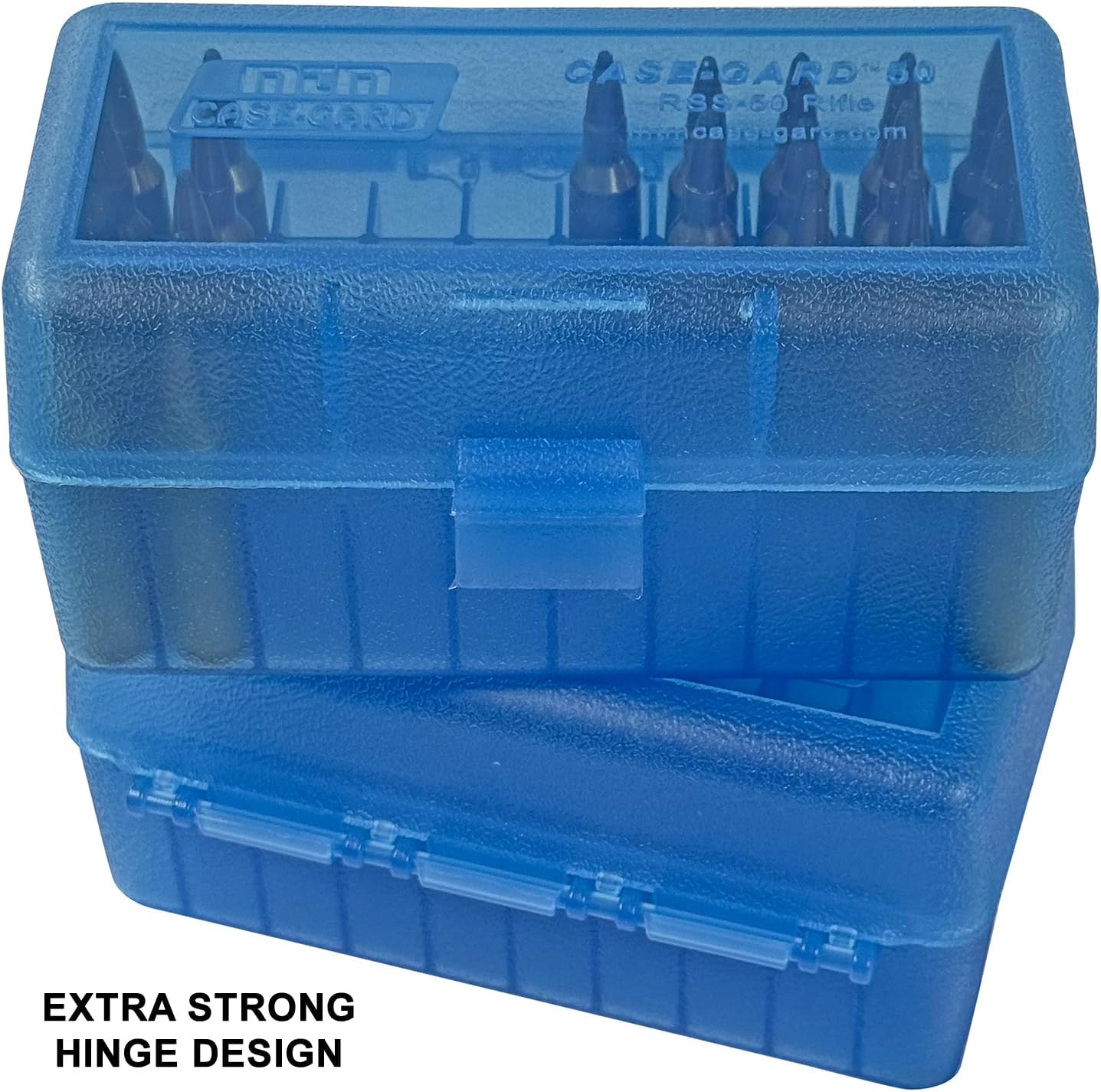 MTM Case-Gard RS-S-50-24 Rifle Ammo Box, 50 Round, 22-250 6.5 Grendel 22 ARC 6mm PPC 7.62 x 39 Rus, USA Made, Clear Blue