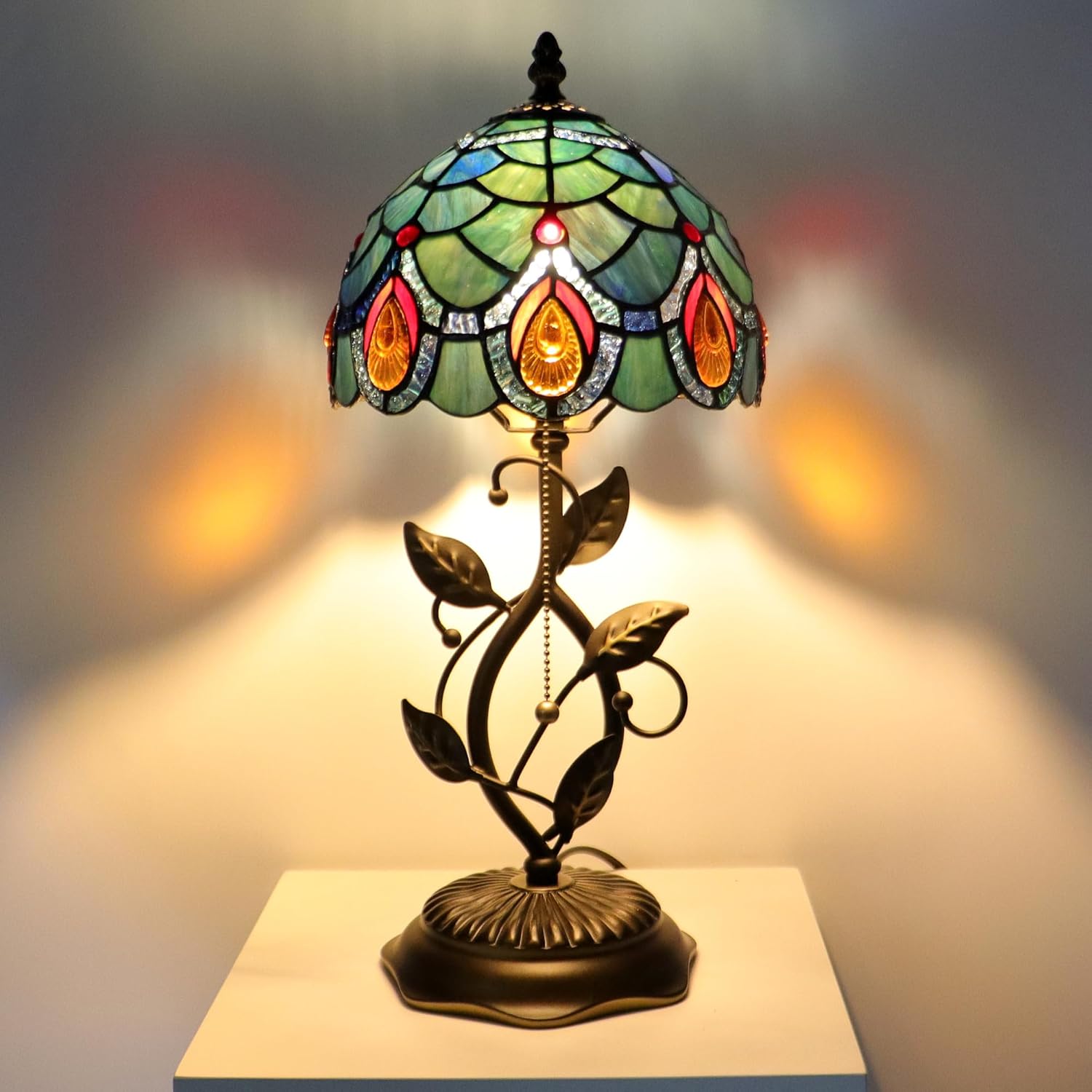 Small Tiffany Lamp Sea Blue Peacock Tail Style Stained Glass Table Lamps Desk Bedside Reading Light 8X8X18 Inches with Bronze Metal Leaf Resin Base