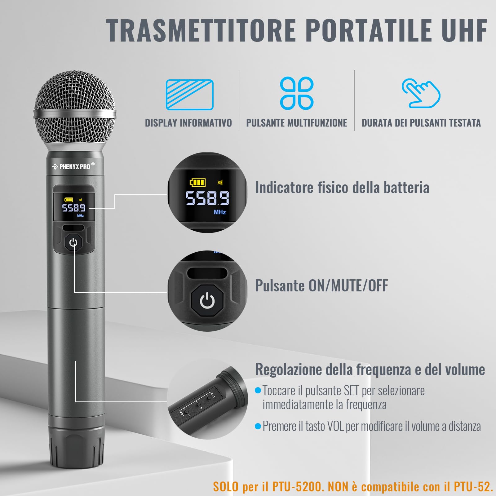 Phenyx Pro Sistema microfono wireless professionale a 4 canali con microfoni palmari, bodypack, archetto, da bavero, 4 x 25 frequenze UHF per canto, karaoke, chiesa (PTU-5200-2H2B)