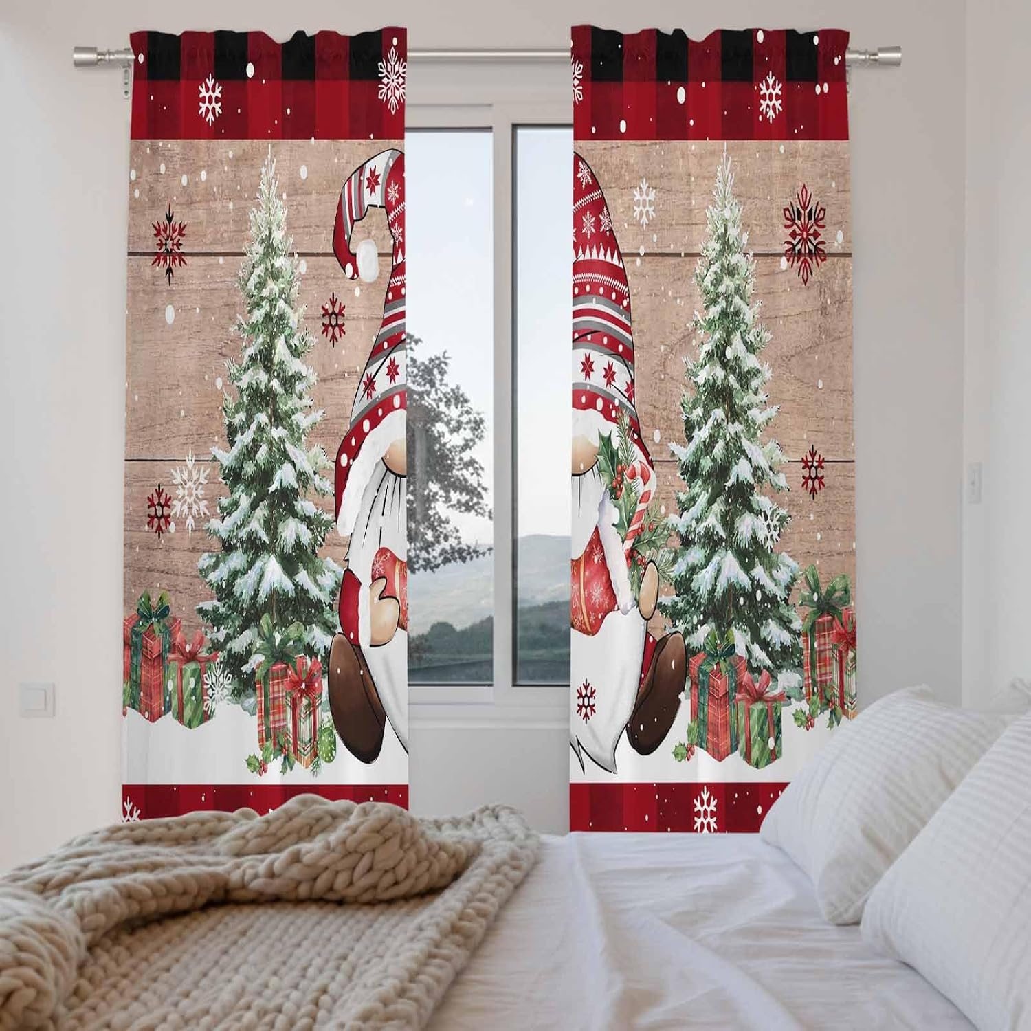 Brown Wooden Gnomes Christmas Window Curtains 72 Inch Long 2 Panel Set, Rod Pocket Long Curtains & Drapes, Xmas Tree Snowflakes Light Filtering Window Treatment for Bedroom Living Room 52"W x 72"L