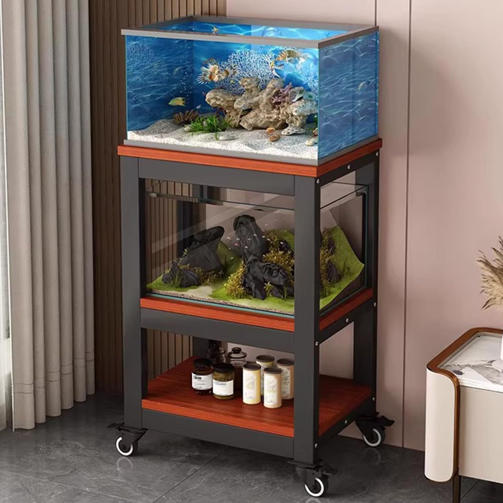 Ruchomy stojak do akwarium z kółkami, stojak na akwarium z półkami do przechowywania, ekspozycja terrarium, do salonu, sypialni, biura, czarno-brązowy, 81 x 35 x 103 cm