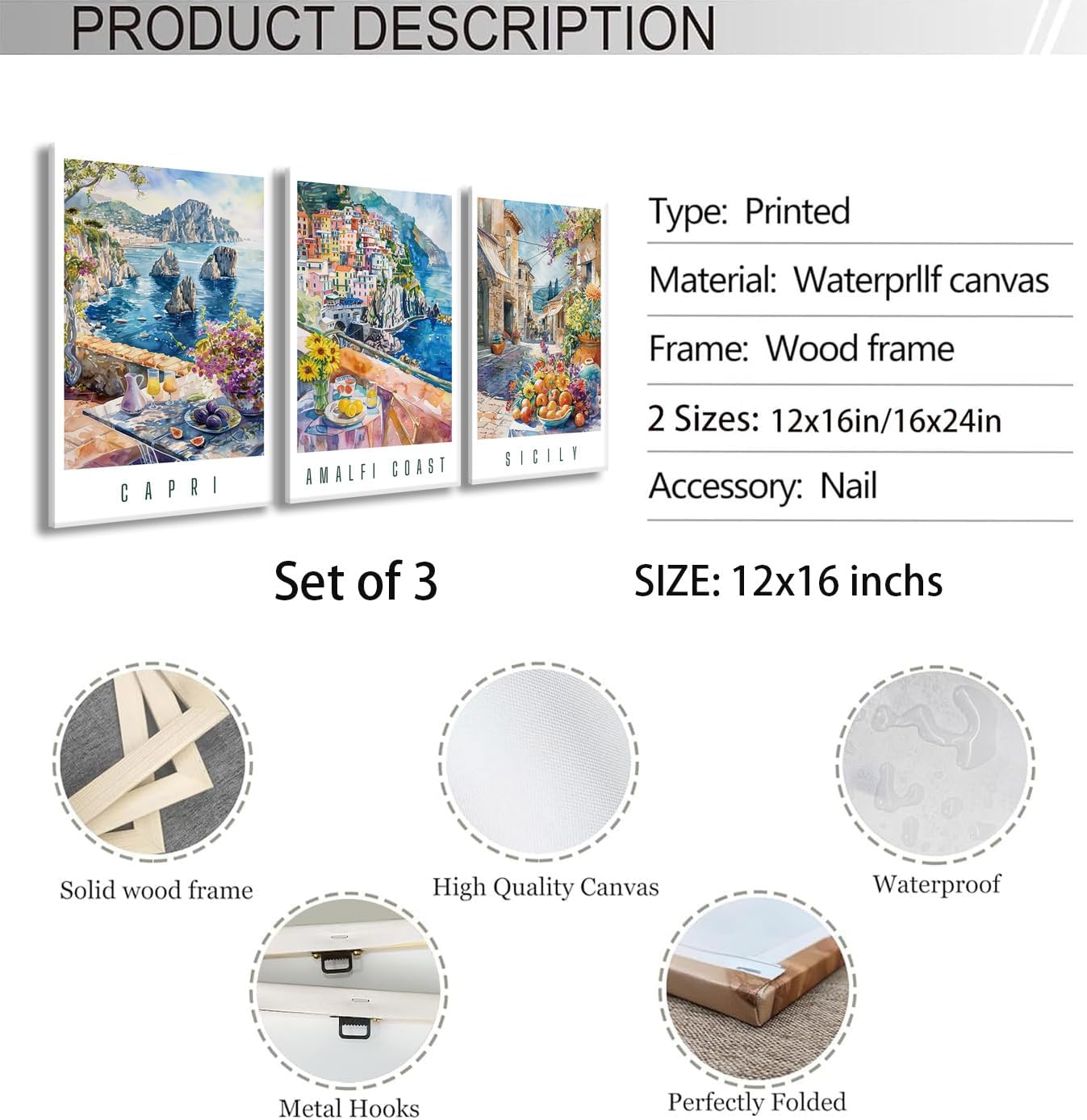 BingruiArt Italy Wall Art Canvas Amalfi Coast,Sicily,Capri,Italian Coastal Wall Decor Blue Beach Prints Posters Europe Landscape Painting for Living Room Bedroom Bathroom 3Pcs 12"x16" Framed