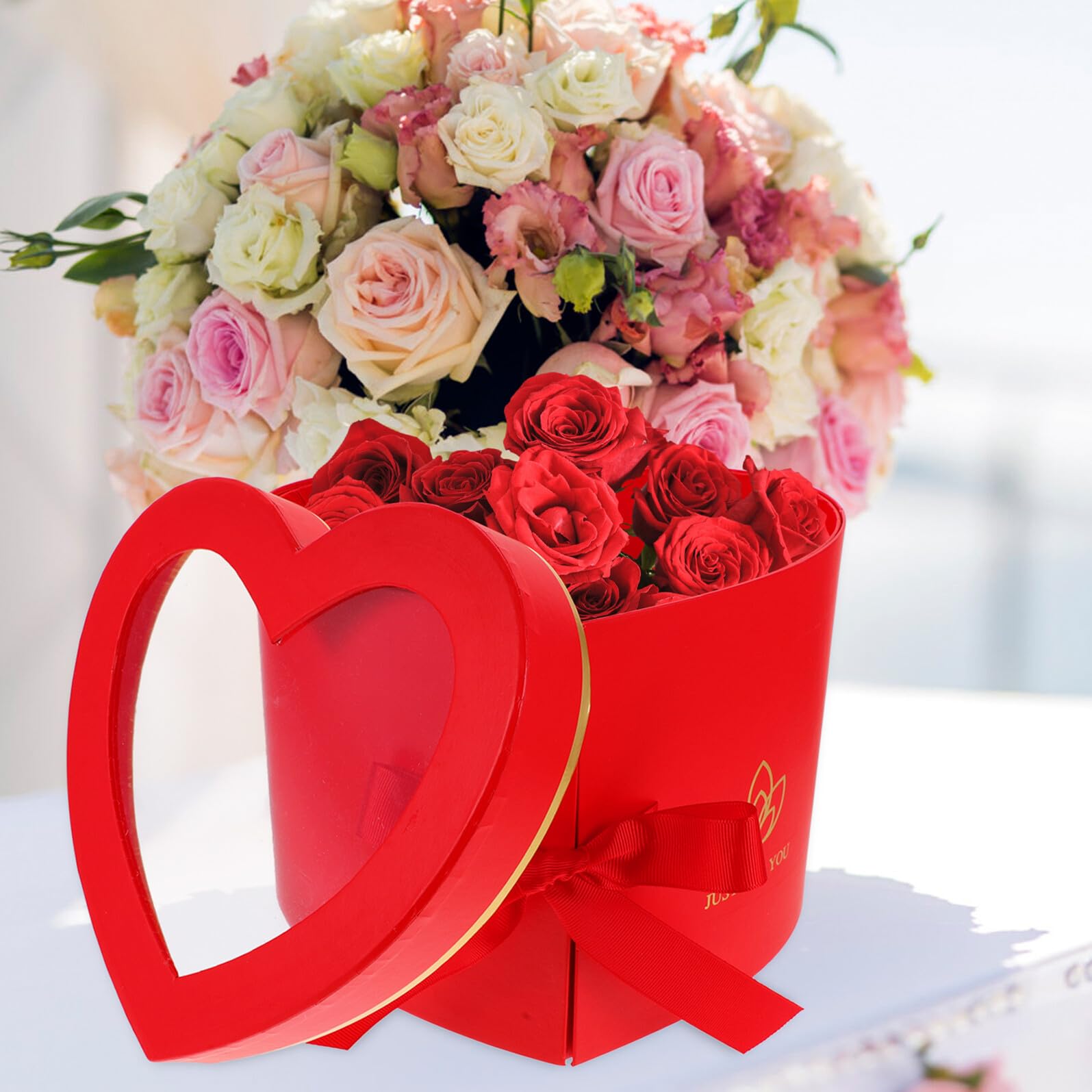 Beatifufu Herzförmige Blumenbox Doppellagig Drehbar aus Verpackungskarton Rot Geschenkbox für Valentinstag Geburtstag Hochzeit Blumendekoration