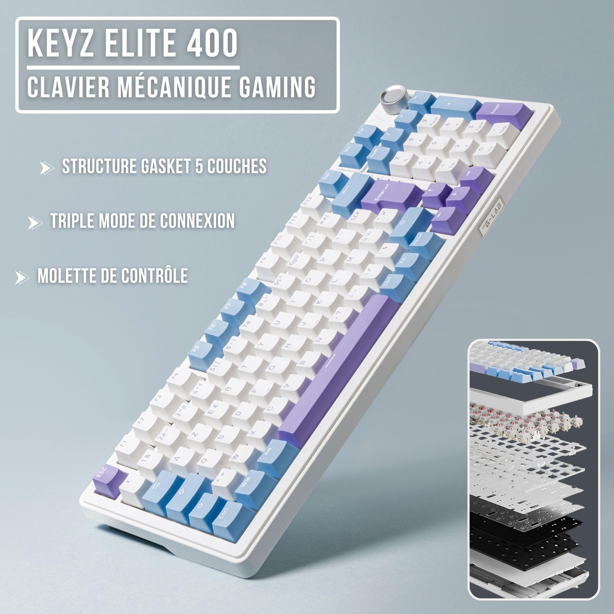 The G-Lab - KEYZ ELITE 400 WB - Bezprzewodowa Klawiatura Gamingowa - Układ AZERTY FR - Mechaniczna Klawiatura z Hot-Swappable Switches, 5-Layer Gasket, Tri-Mode 2.4G/BT/Kabel, RGB i Makra, Win/Mac