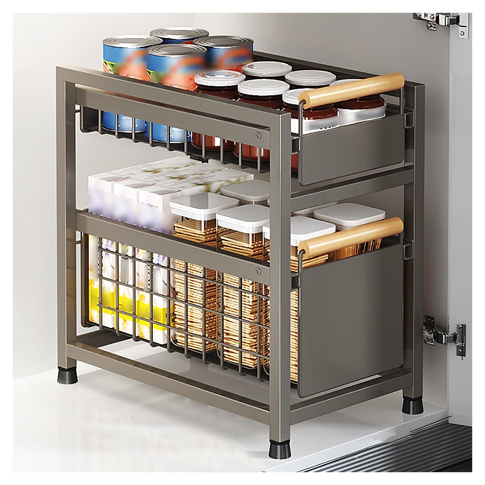 Organizador deslizante de gabinete con cesta de condimentos de 2 niveles, cajón extraíble para despensa, baño, construcción de acero al carbono resistente, color gris (15.4 x 9.6 x 16.5 pulgadas)