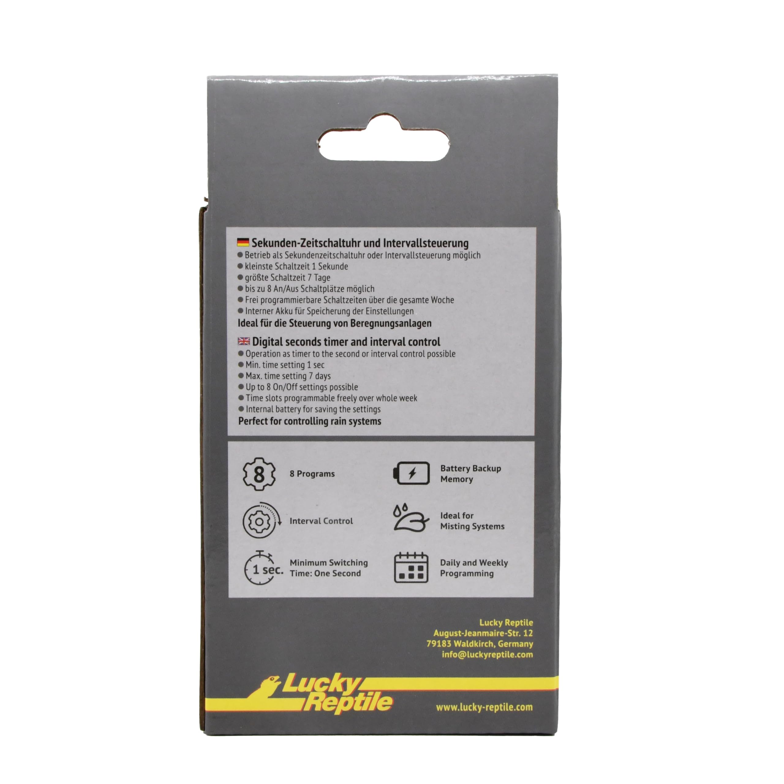 Lucky Reptile Pro Timer II - Sekundowy programator czasowy ze sterowaniem interwałowym - Cyfrowy zegar z timerem z wtyczką i 8 programami do konfiguracji - Timer do terrarium - Cyfrowy timer 3500W