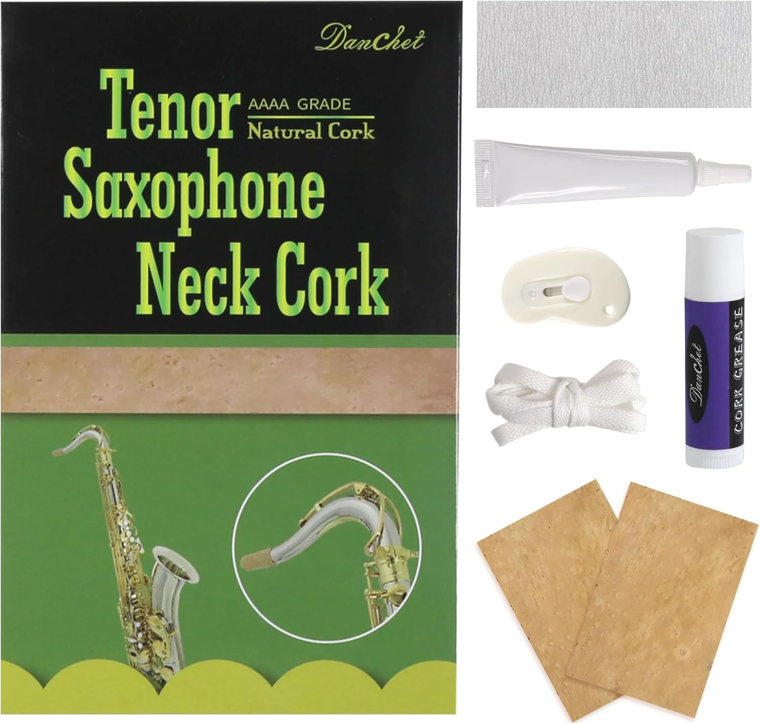 Alto Saxophone Accessories,Alto Sax Cork Replacement Kit,2 pcs Saxophone Cork, Glue, Cork Grease, Knife, Taping, and Sandpaper