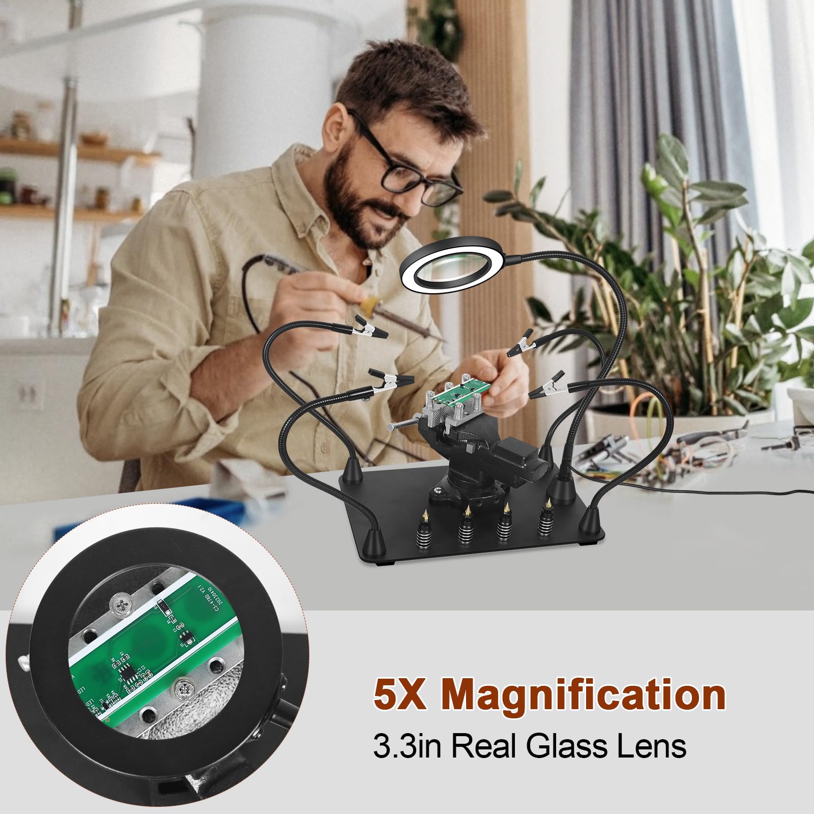 Soldadura magnética de tercera mano con tornillo de banco de trabajo de metal resistente, soporte para placa de circuito PCB con lámpara de aumento 5X, soporte para pistola de aire caliente de 360°