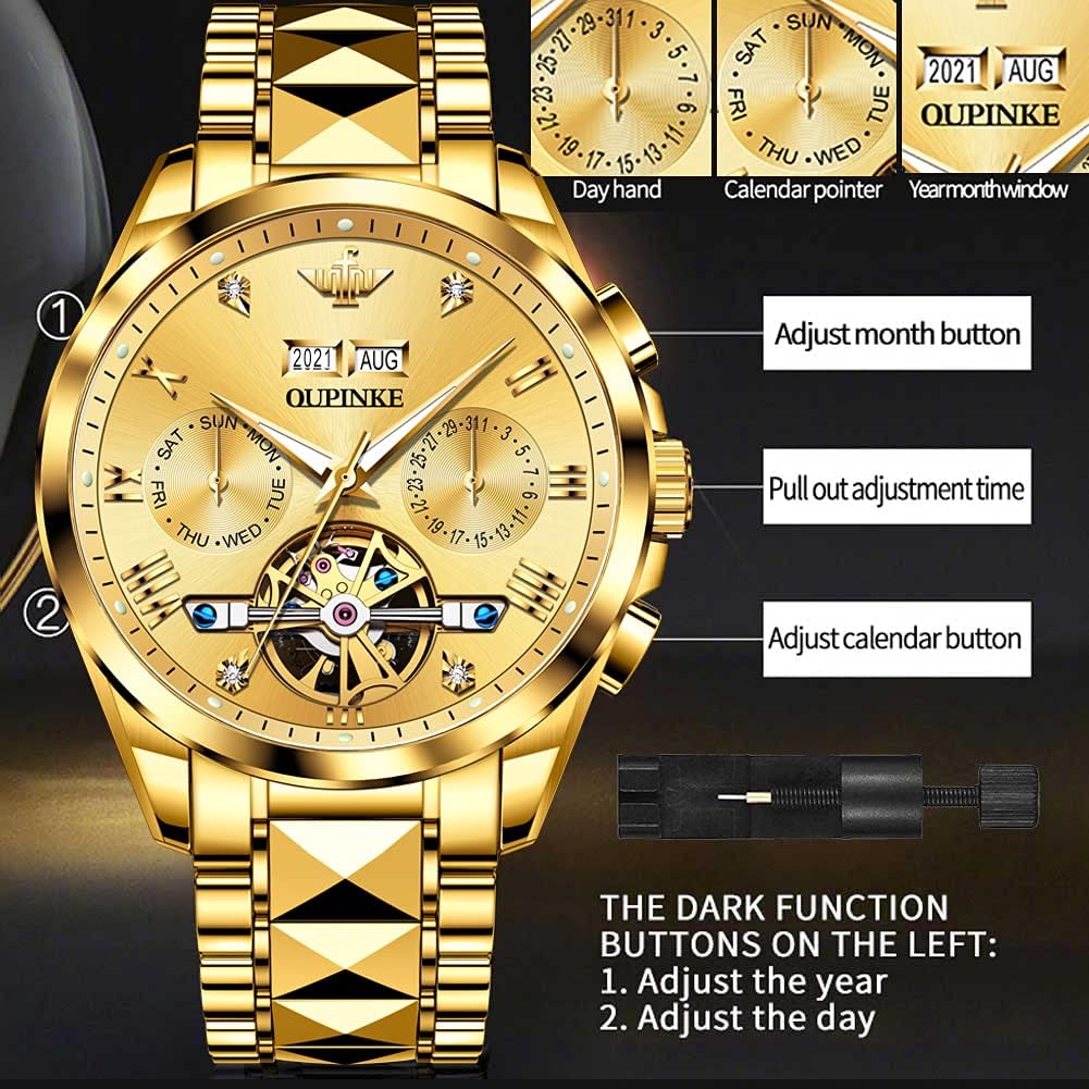OLEVS Mens Automatic Watches Gold Self Winding Watches for Men No Battery Mechanical Tourbillon Skeleton Wrist Watch Day Date Waterproof Stainless Steel Big Face Dress Wristwatches Luminous