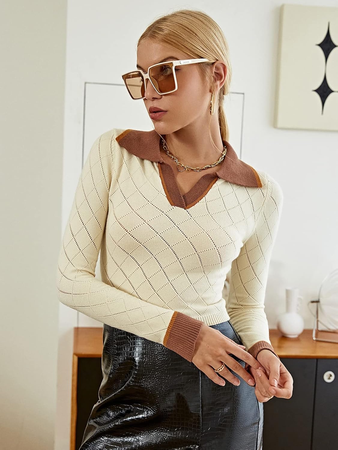 Women's Sweater Contrast Collar Pointelle Knit Sweater Sweater for Women (Color : Beige, Size : Large)