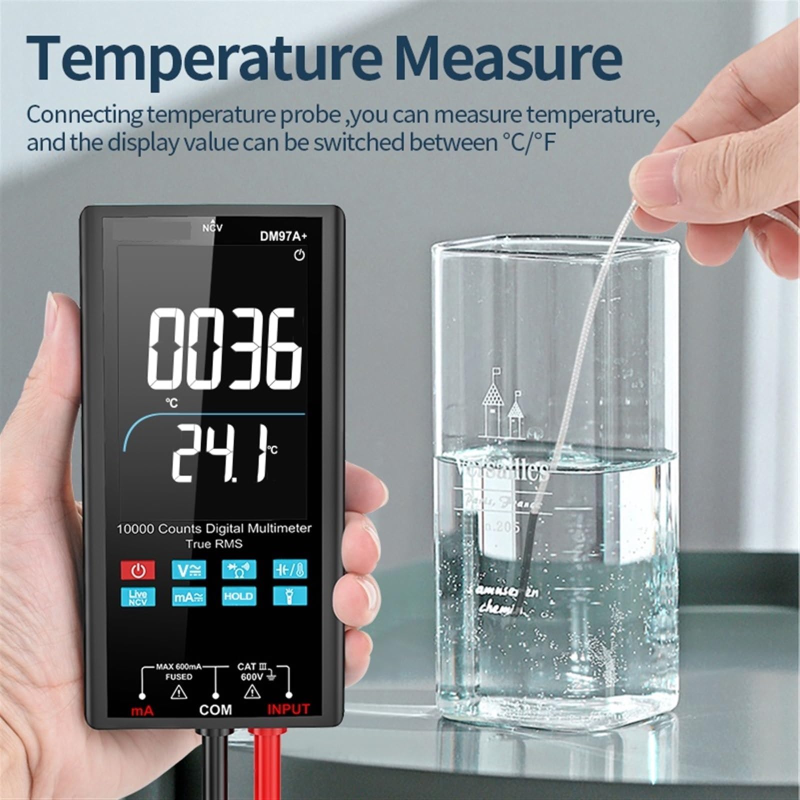 Multimetro con schermo a colori da 10000 conteggi, misurazione della temperatura, multimetro intelligente, multimetro digitale a vero valore RMS NCV, misuratore di tensione(DM97A color)