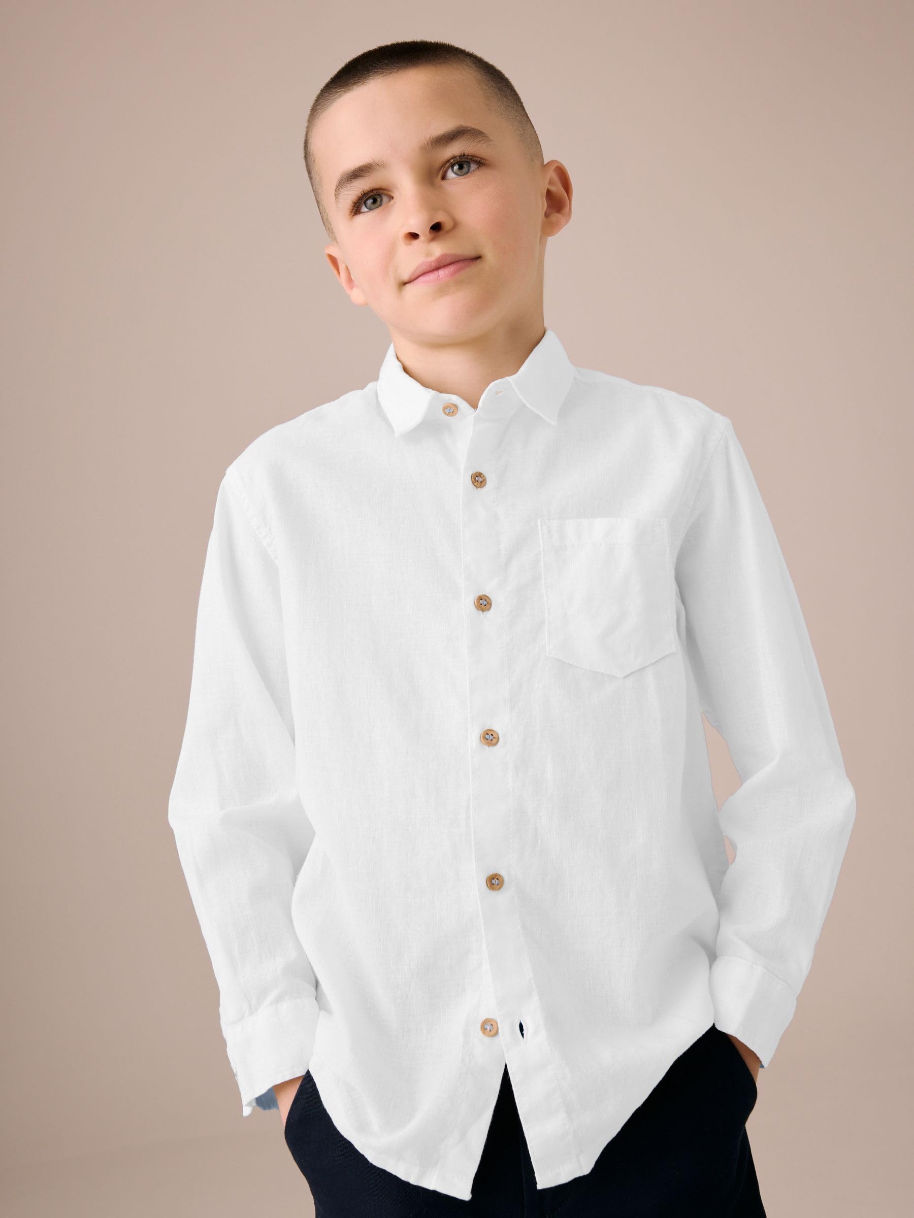 NEXT Ragazzo Camicia in Lino a Maniche Lunghe
