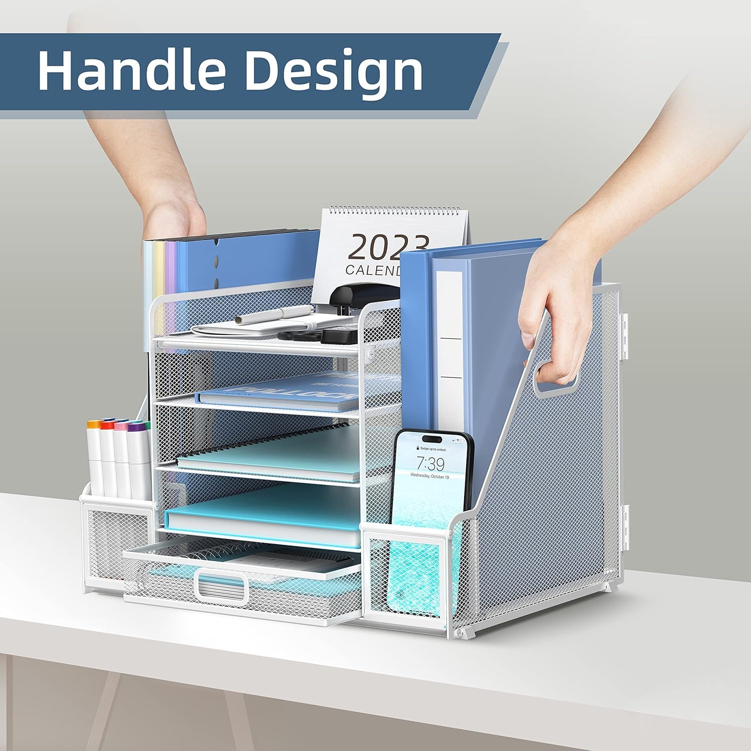 Schreibtisch-Organizer mit 5 Ebenen, Netzpapier Briefablage Organizer mit Zeitschriftenhalter, Schreibtischorganisation und Aufbewahrung mit Schublade für Bürobedarf Zuhause oder Schule, Weiß