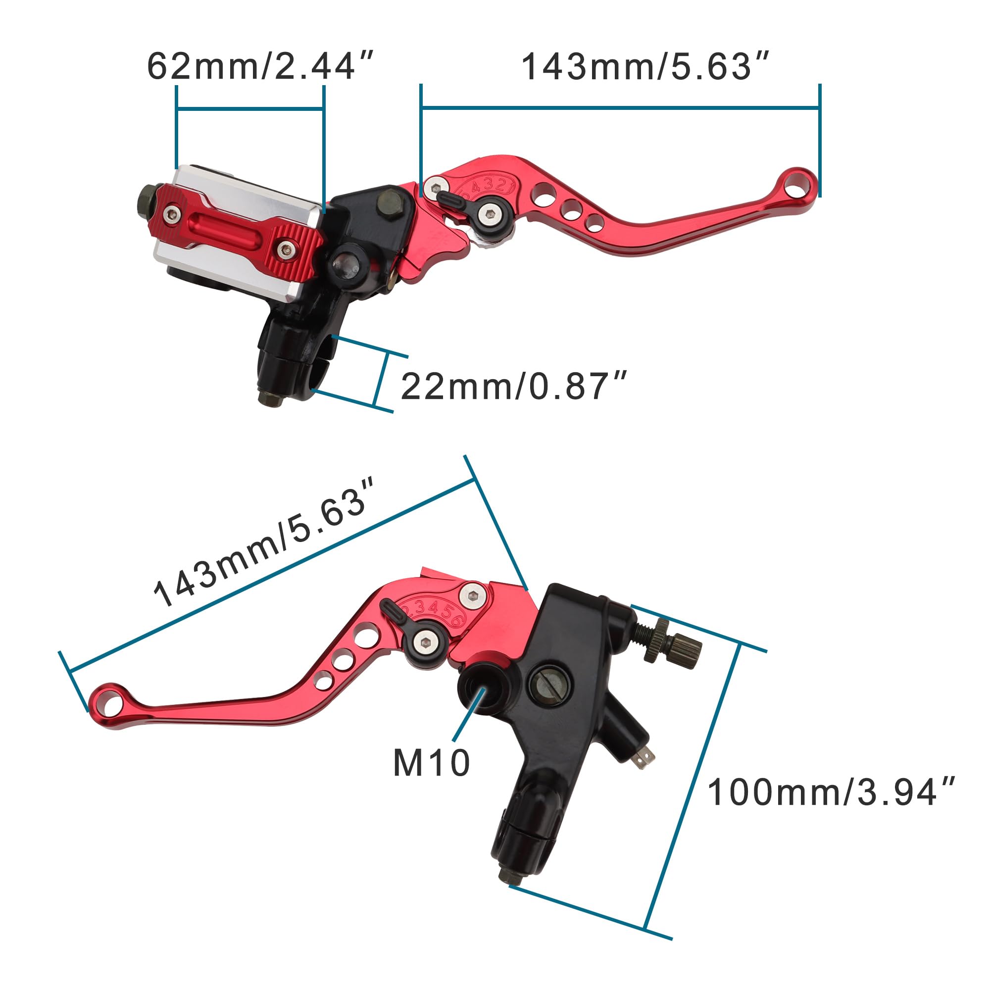 GOOFIT 22mm rouge universel frein embrayage levier guidon frein maître cylindre barre de poignée à main extrémités réservoir leviers de frein ensemble Remplacement pour Dirt Bike Scooters