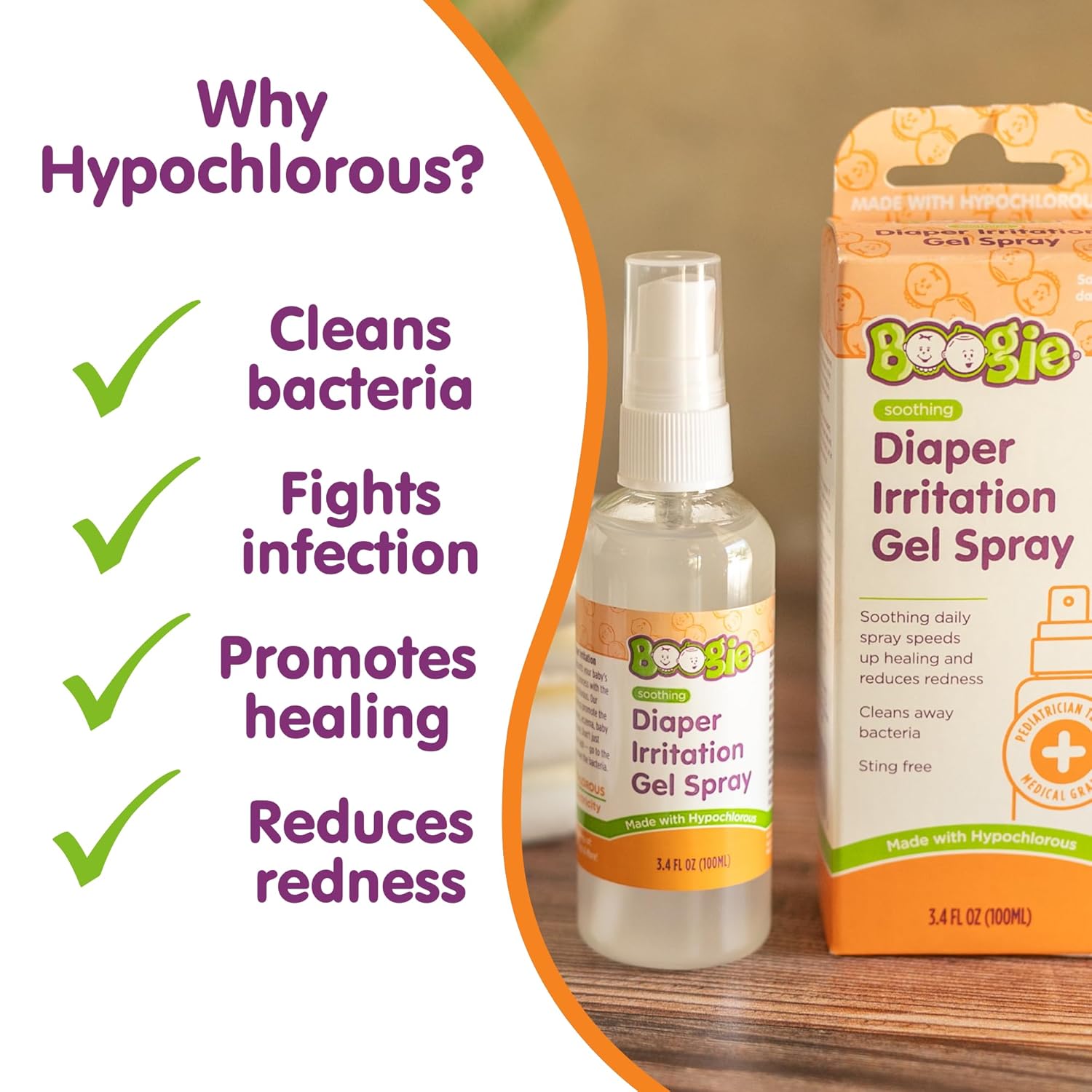 Boogie Hypochlorous Acid Diaper Irritation Gel Spray, Baby Essentials for Diaper Rash, Soothing Cleansing Spray, 3.4oz (Pack of 3)