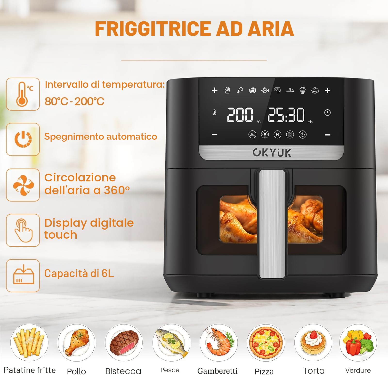 OKYUK Friggitrice ad aria 6L - Air Fryer, senza olio con interno in metallo, friggitrice ad aria calda, 8 programmi, display digitale a LED, timer, facile da usare, 80-200 °C