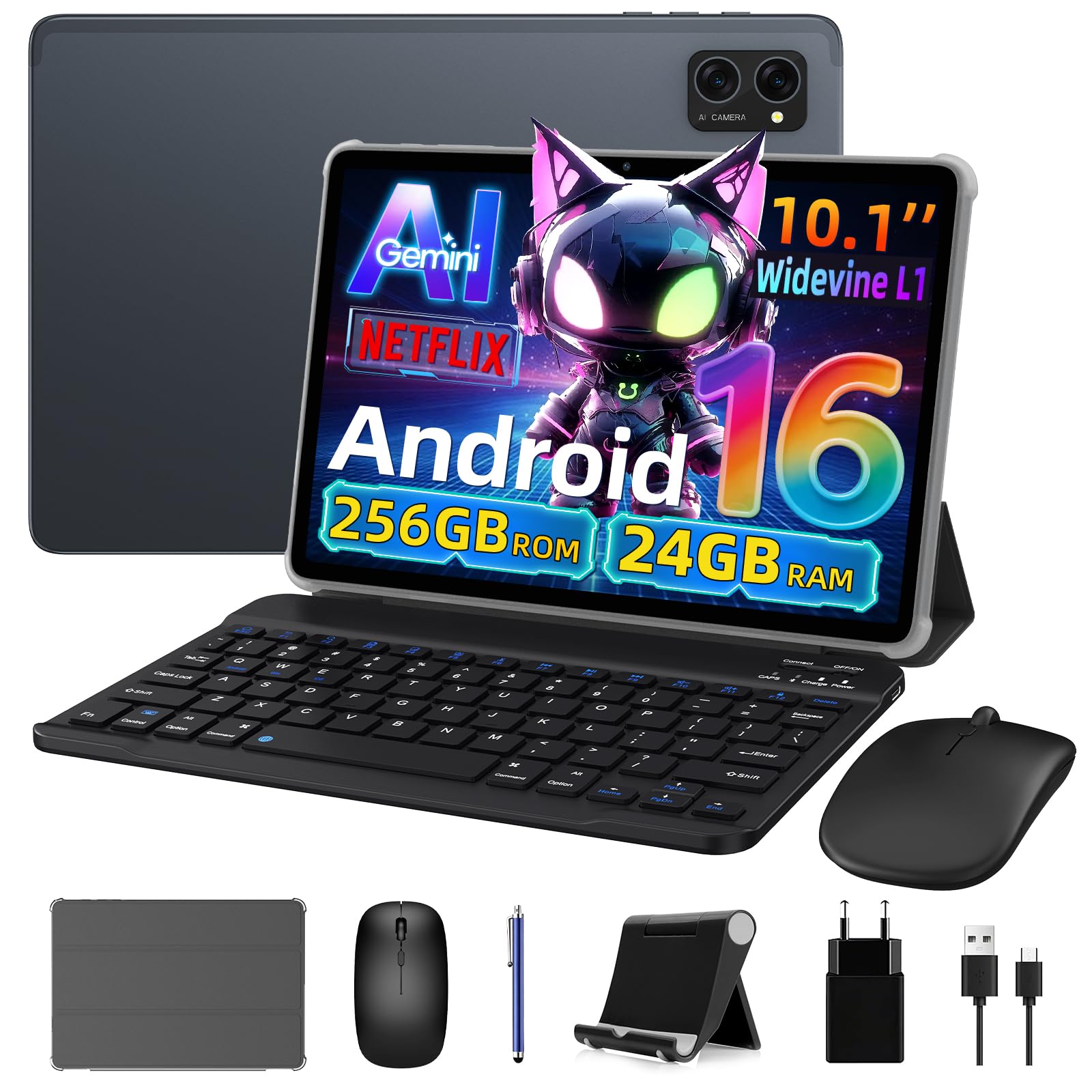 Android 16 Tablet with Keyboard, Android Tablet 10 inch, 24GB RAM (8+16 Extended) 256GB ROM, Gemini Ai, Widevine L1, Fast Charge, 2 in 1 with Mouse and Stand, OTG, 4 Year Warranty