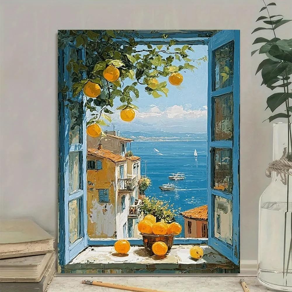 Gosrd Frameless Canvas Prints Window View Of The Sea With Lemon Trees For Living Room, Bedroom Hallway Office(60X85cm)