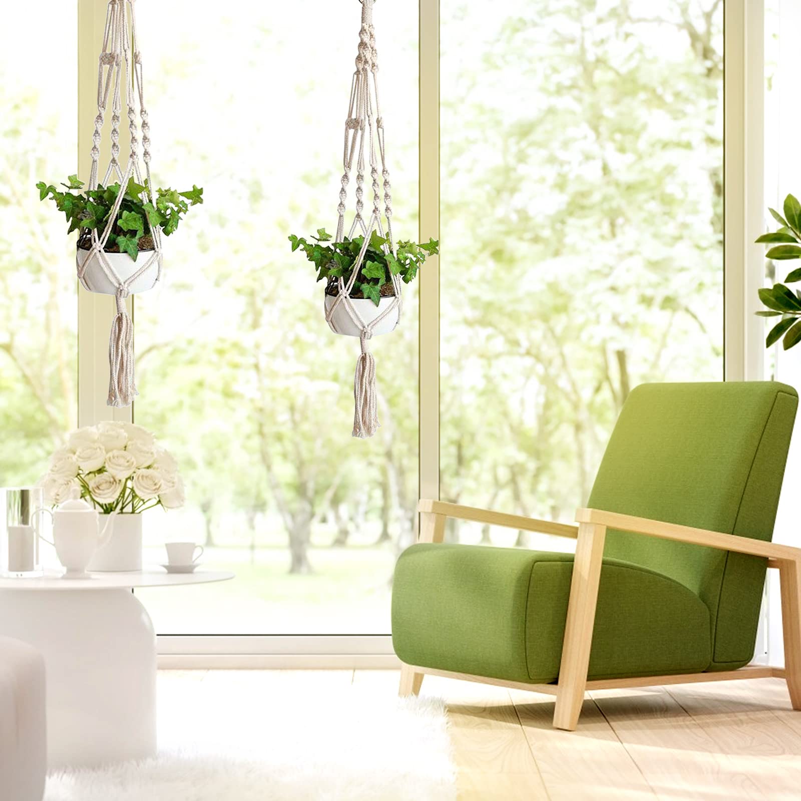 WIWAPLEX Macramé plantenhanger, 2 stuks plantenhangers, katoenen touw plantenhangers binnen en buiten, 4 poten plantenhangerbeugels, bloempot hangende plantenhouder voor woondecoraties 105 cm (wit