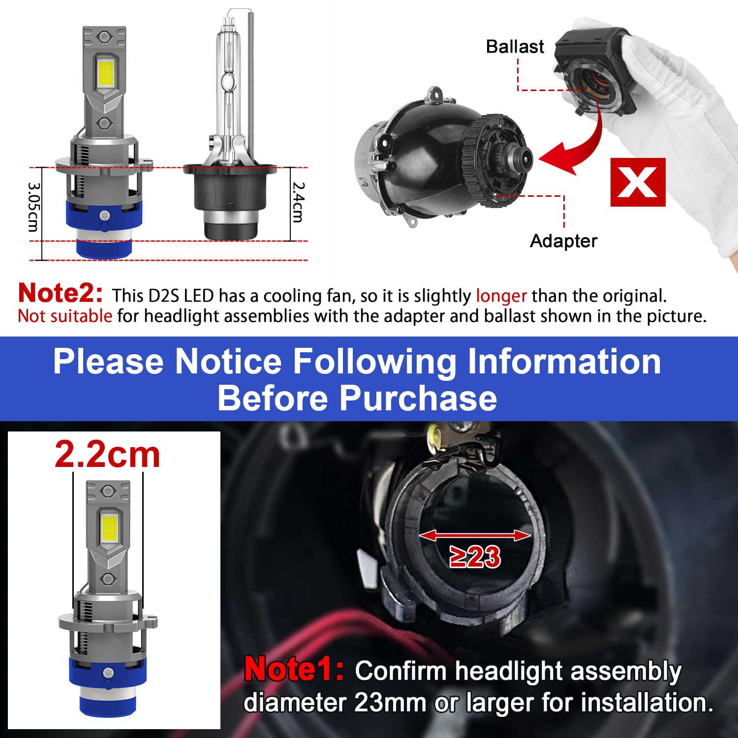 TECTICO D2S Bombillas LED para Faros de Coche, 90W 12000LM 6000K Blanco Frío, Luces Altas/Bajas Plug and Play, Reemplazo Directo OEM HID Xenón - 2 piezas
