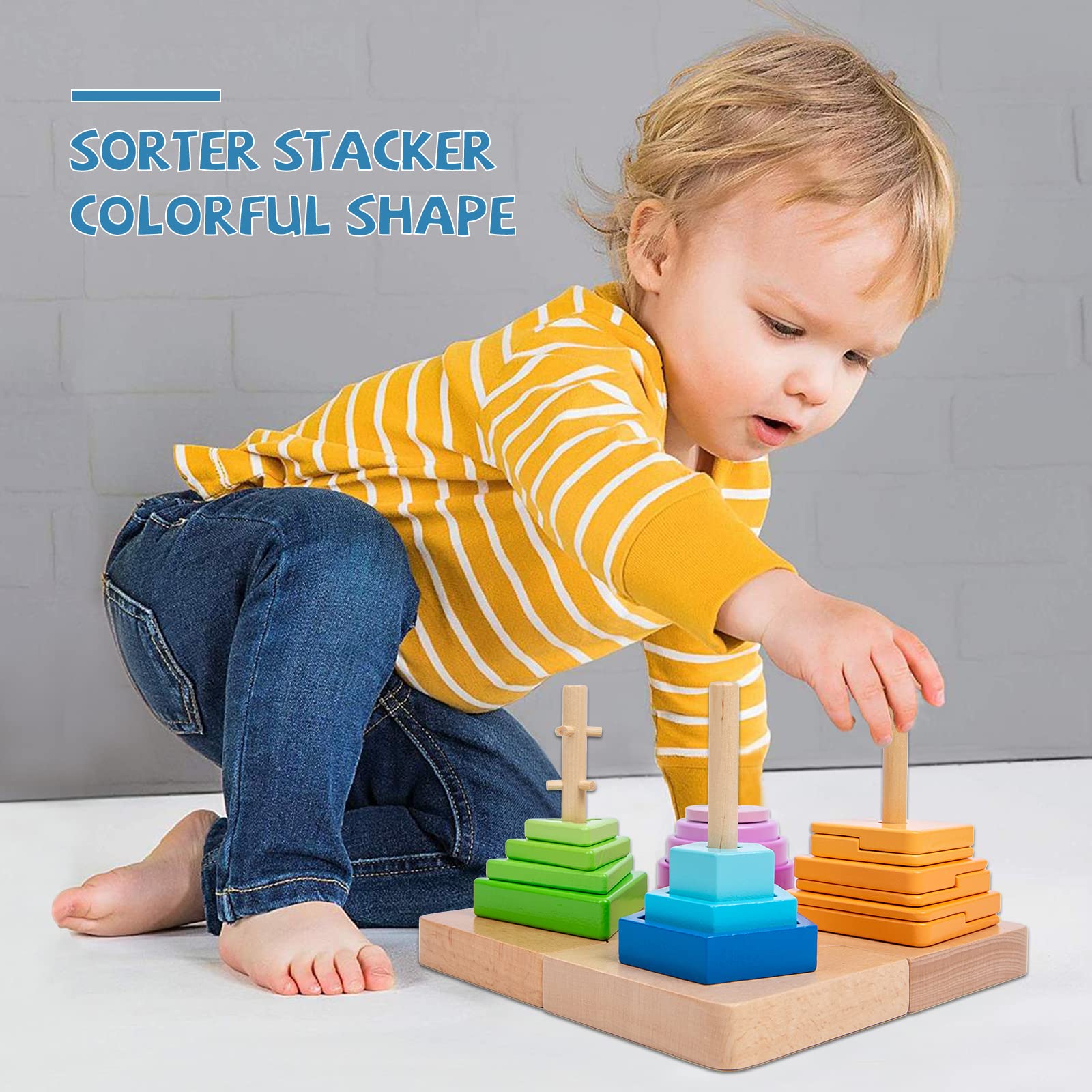 Adena Montessori 4-in-1 Shape Color Sorting Toy for Toddlers -Wooden Sorting Toy with Detachable Bases - Educational Wooden Toy with Gradients of Colors and Shapes for 12-18 Months Toddlers