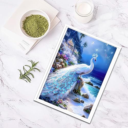 Miniatura 4 de SENQAO Kits de pintura de diamantes de pavo real para adultos, pavo real blanco en la playa pintura de diamantes, pintura de diamantes 5D para