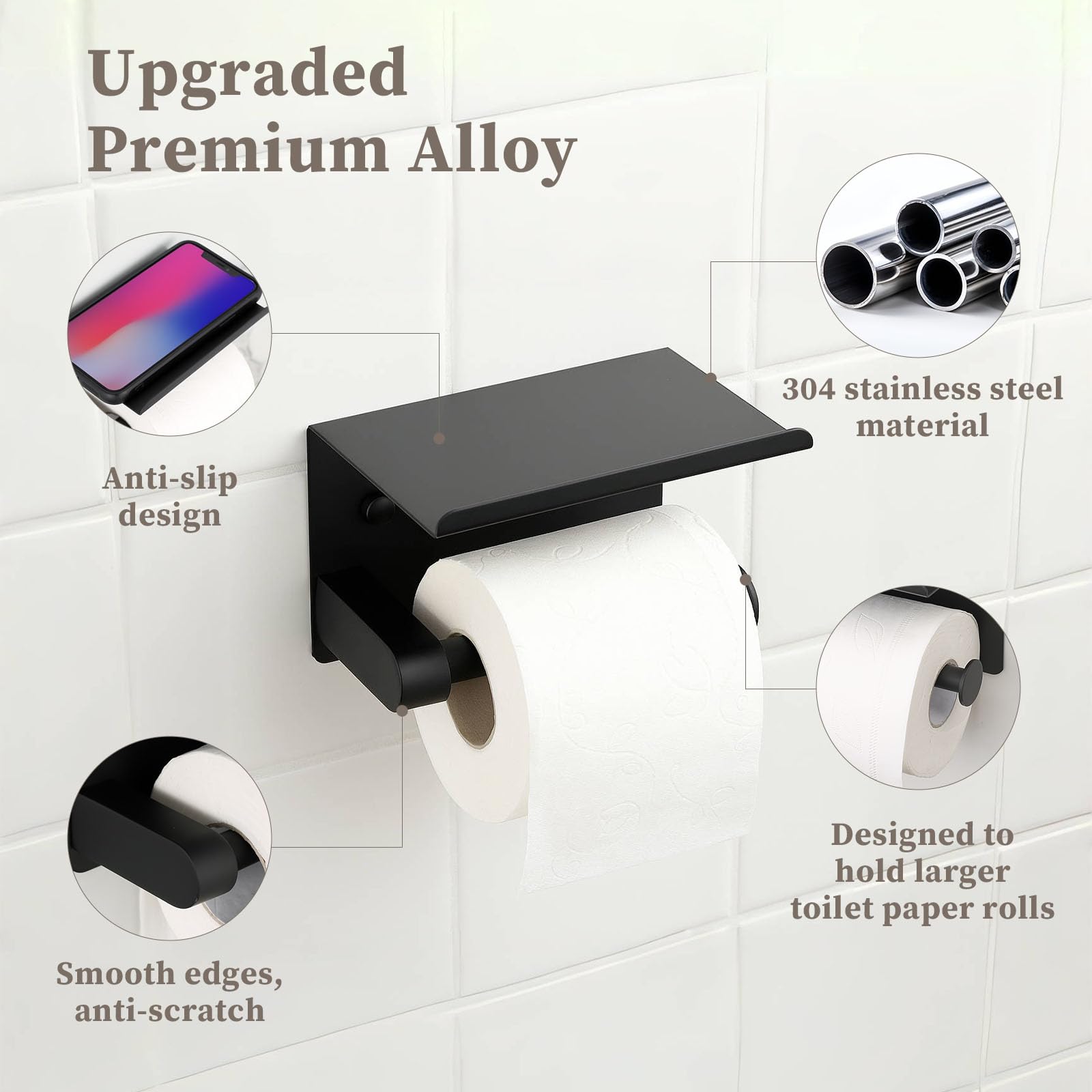 Black Toilet Paper Holder with Shelf - Rustproof Stainless Steel Wall Mount or Self Adhesive Bathroom Tissue Roll Holder - Fits Mega Rolls, for Bathroom, Washroom, Kitchen & RV Decor — Amazon image 5