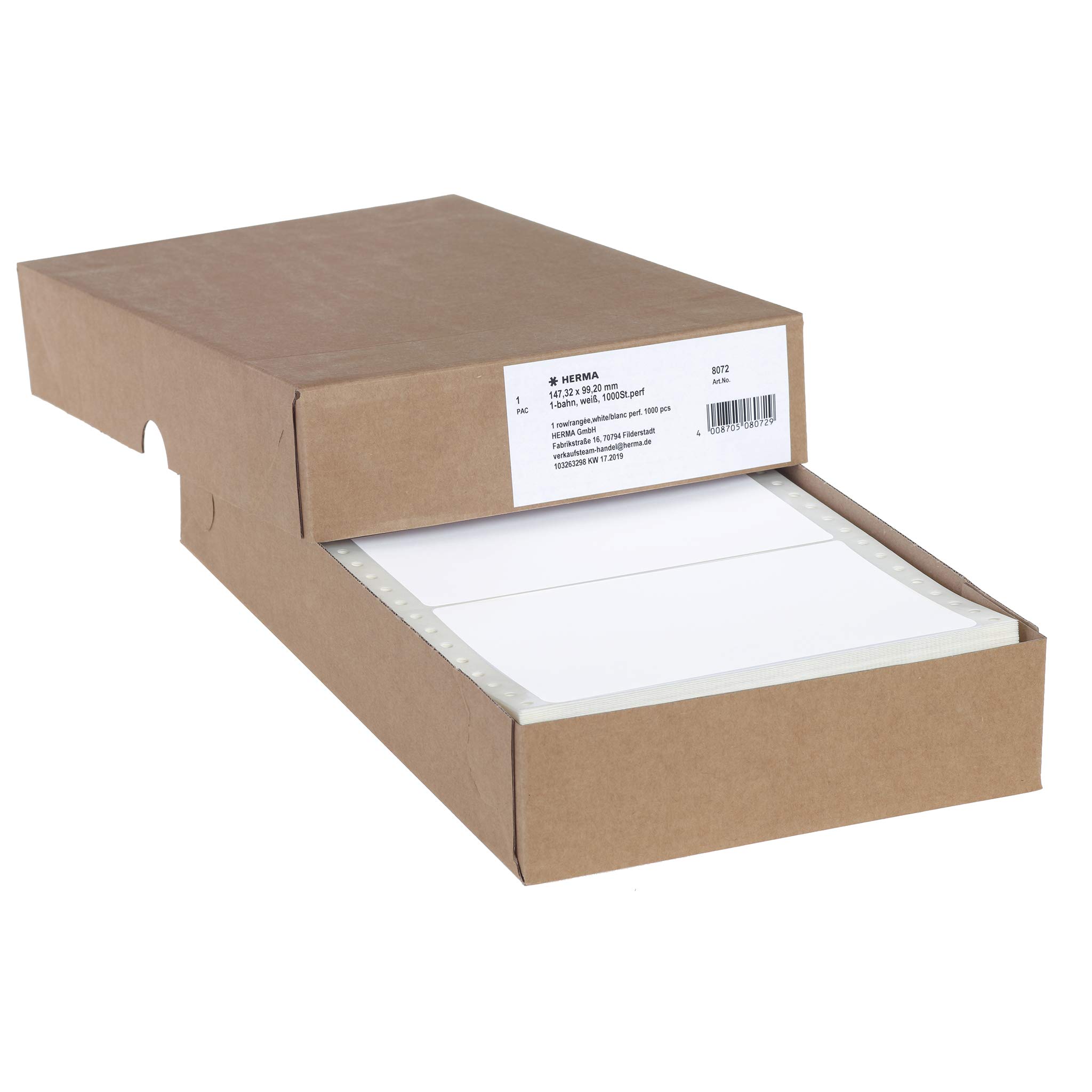 HERMA 8072 Computeretiketten endlos perforiert, 147,32 x 99,2 mm, 1-bahnig, 1000 Stück, selbstklebend, Endlosetiketten Aufkleber mit Führungslochrand, matt, blanko Papier Computer Etiketten, weiß