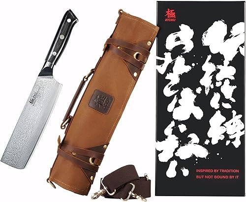 KYOKU Shogun Series Nakiri Cuchillo + Cuchillo de Chef Profesional Marrón Rollo Bolsa