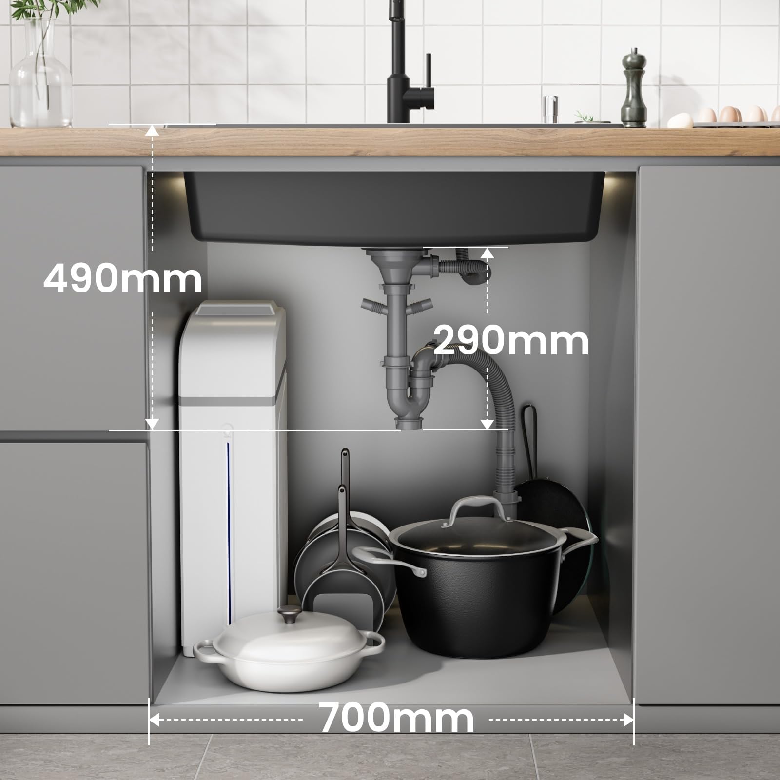 CECIPA Evier Cuisine 1 Bac 70x45x20 cm, Évier En Granit avec Grand Bassin, Lavabo Cuisine Avec Siphon & Trop-Plein, Évier à Encastrer des sous-meubles supérieurs à 80 cm - Noir