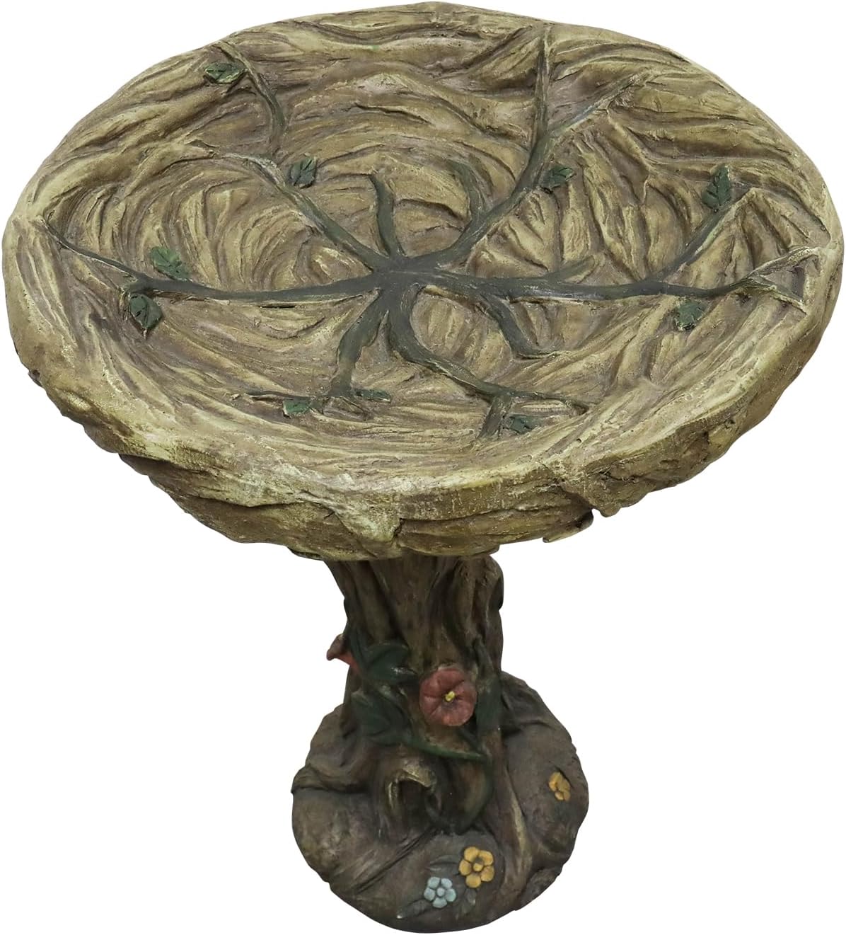 SunJet 25.5 Inch Heigh Wood-Look Concrete Bird Bath with Decorative Faux Bird – birdbath Rustic & Long-Lasting Design, Enhances Garden, Patio, Yard, Lawn Décor