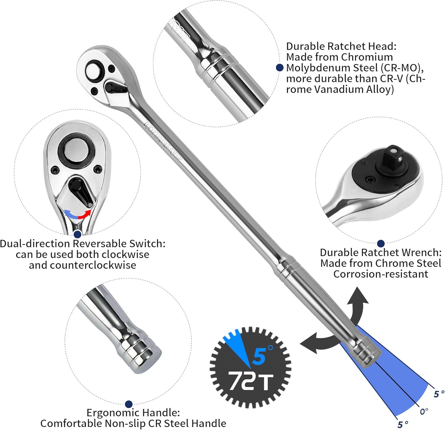 1/2-inch drive ratchet wrench, 1/2 ratchet wrench long handle, socket wrench, 72-tooth quick-release reversible cr-mo head, chrome steel made - 20''51cm 1/2" standard ratchet - 20 inch