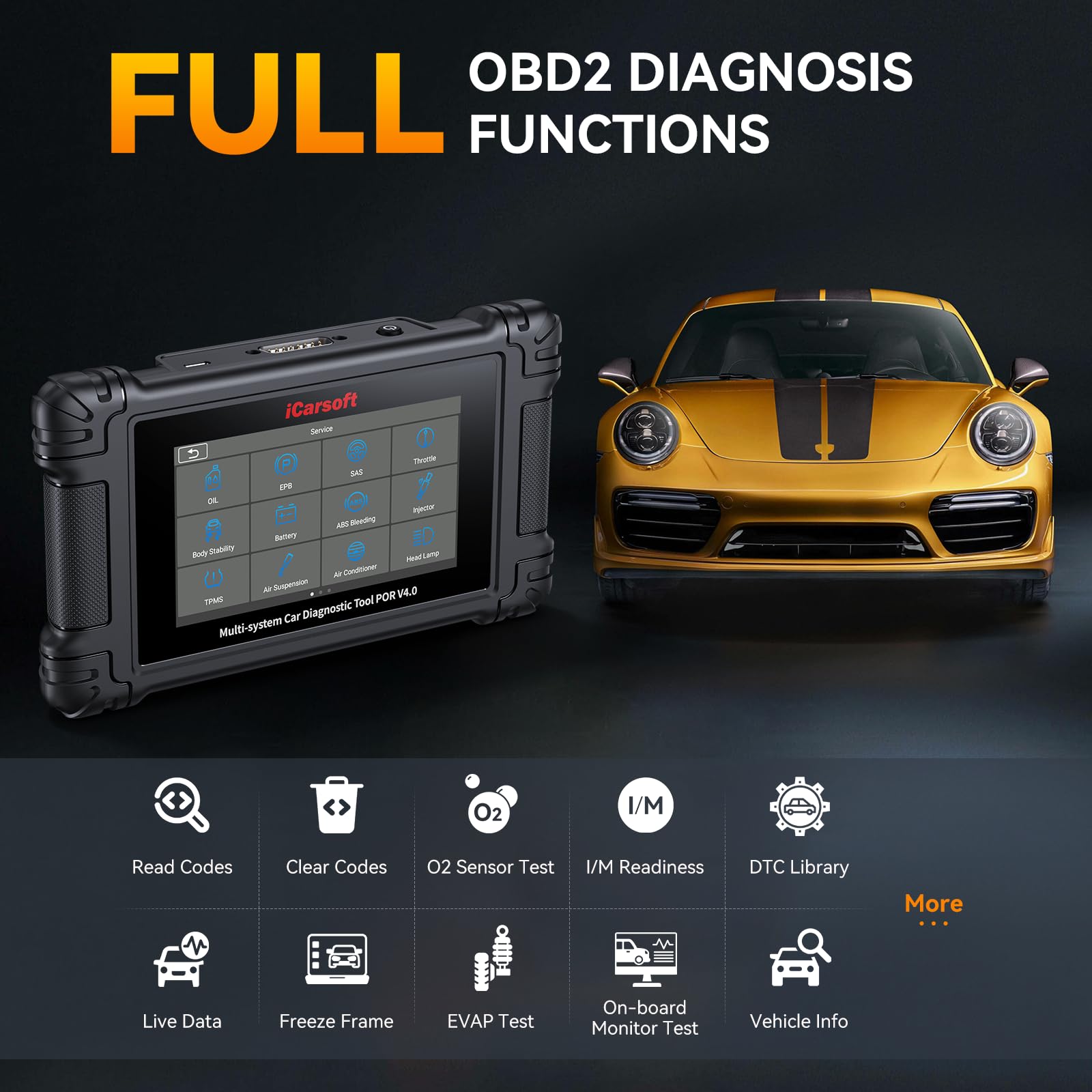 iCarsoft Professioneller Diagnosescanner für Porsche, POR V4.0 Vollsysteme Bidirektionales Werkzeug + 2 zusätzliche Markenpakete, 27+12 Services, Auto-VIN, Batterieregistrierung, lebenslanges