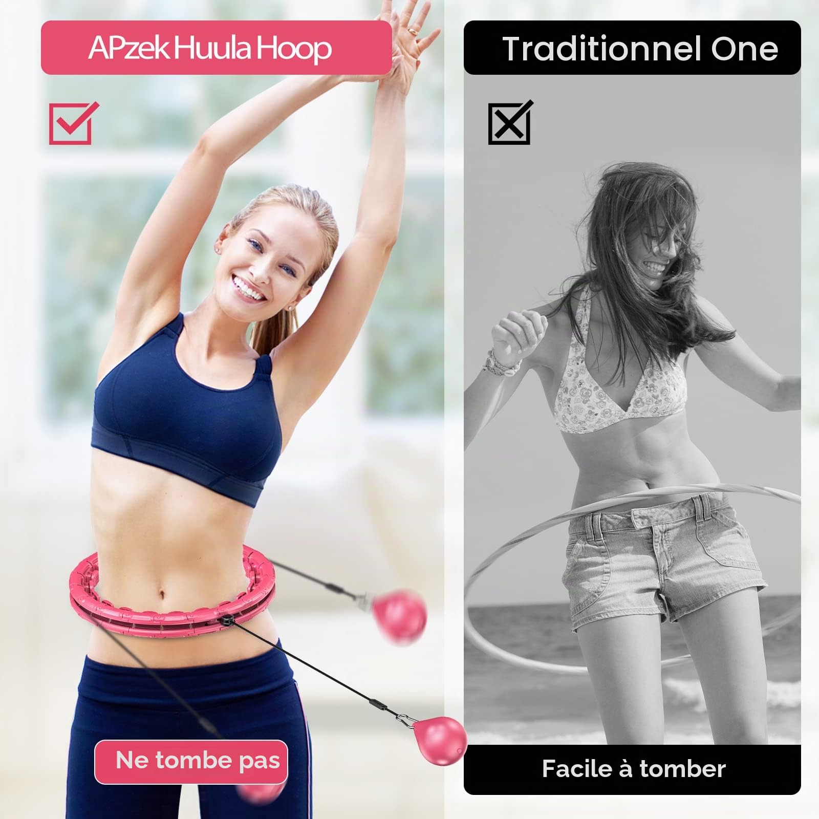 Exercice Hoop Lesté Grande Taille, 32 Poids Amovibles pour Adultes et Débutants, 2 en 1 Antraînement Abdominal et Massage, Hoola Hoop Anti-Chute avec Boule à Rotation Automatique